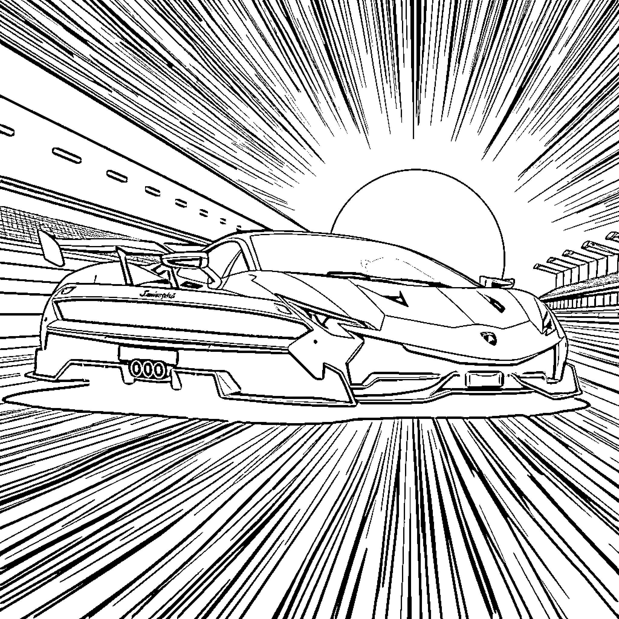 Lamborghini speeding through the landscape Coloring Page (free black-and-white line drawing printable PDF for all, from beginners to advanced learners, including children, teens, adults, and seniors)