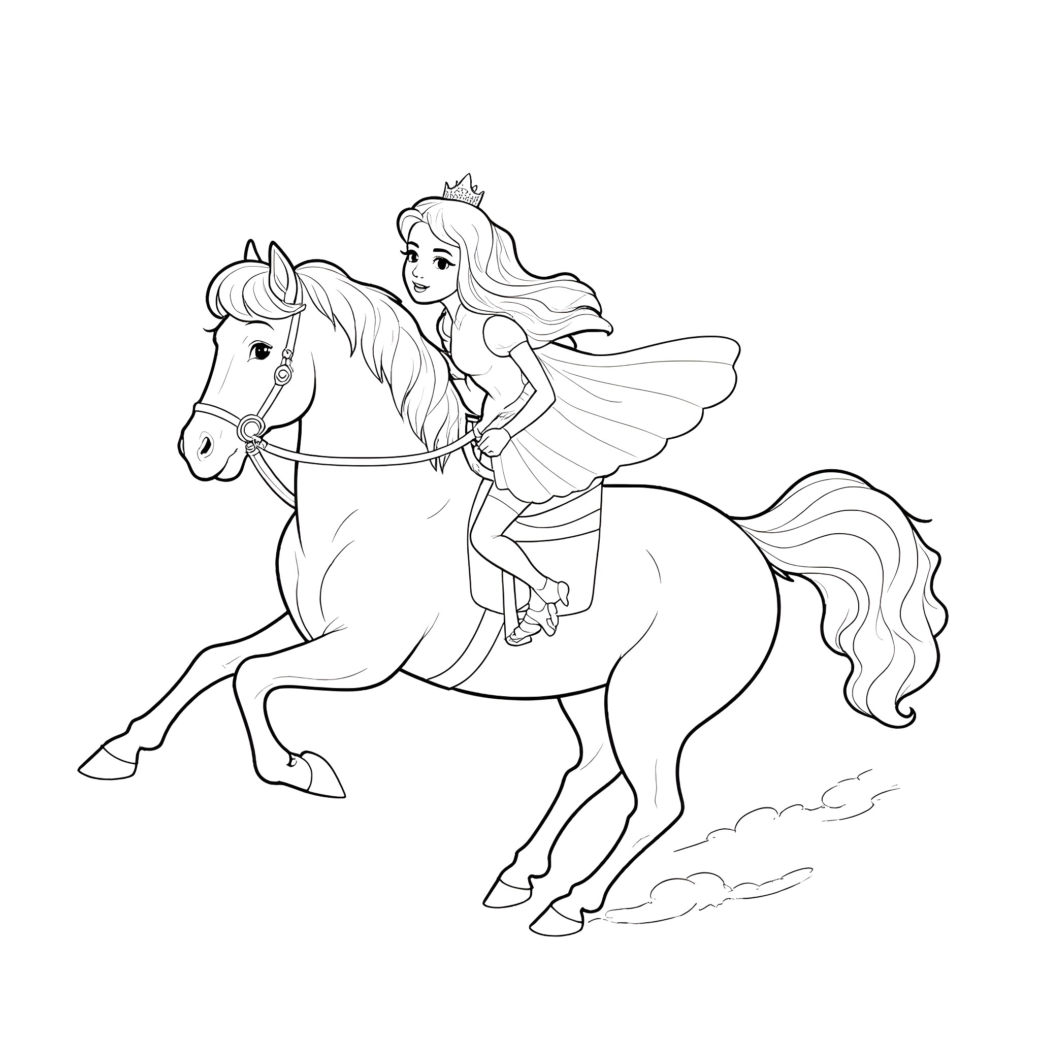 Horse-riding princess in elegant dress Coloring Page (free black-and-white line drawing printable PDF for all, from beginners to advanced learners, including children, teens, adults, and seniors)