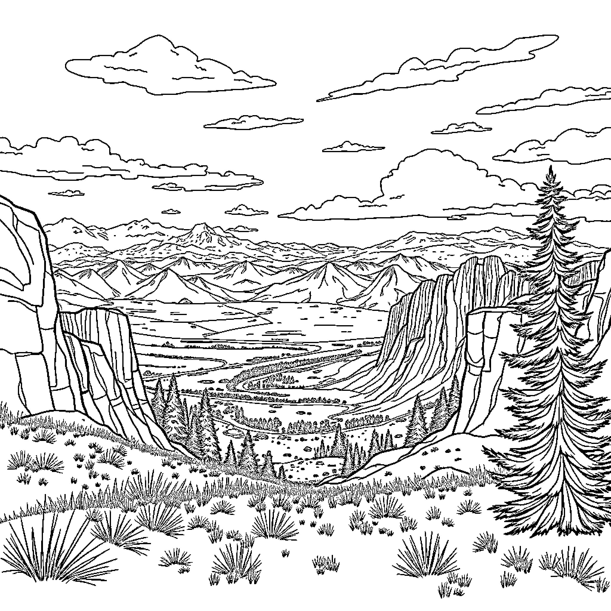 Kazakhstan mountainous landscape with pine trees Coloring Page (free black-and-white line drawing printable PDF for all, from beginners to advanced learners, including children, teens, adults, and seniors)