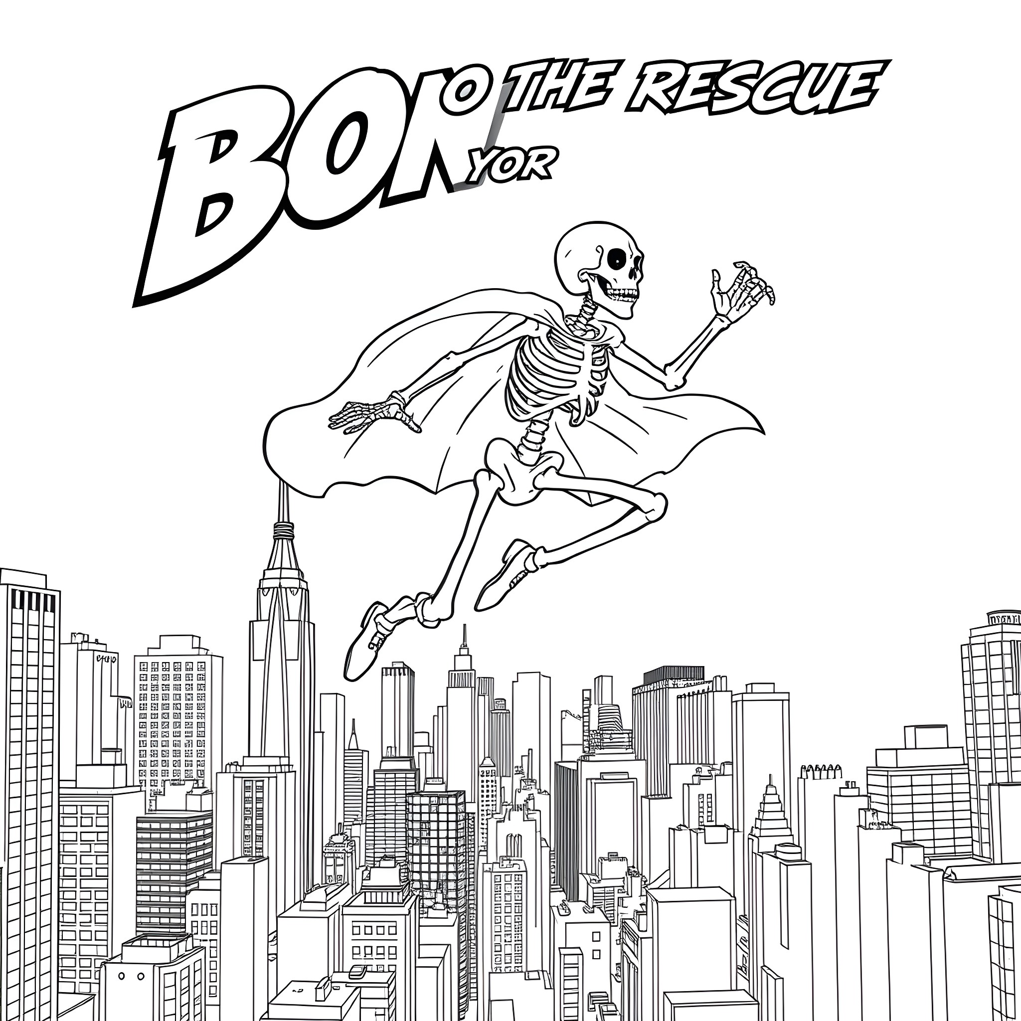Skeleton Superhero Rescuing the City Coloring Page (free black-and-white line drawing printable PDF for all, from beginners to advanced learners, including children, teens, adults, and seniors)