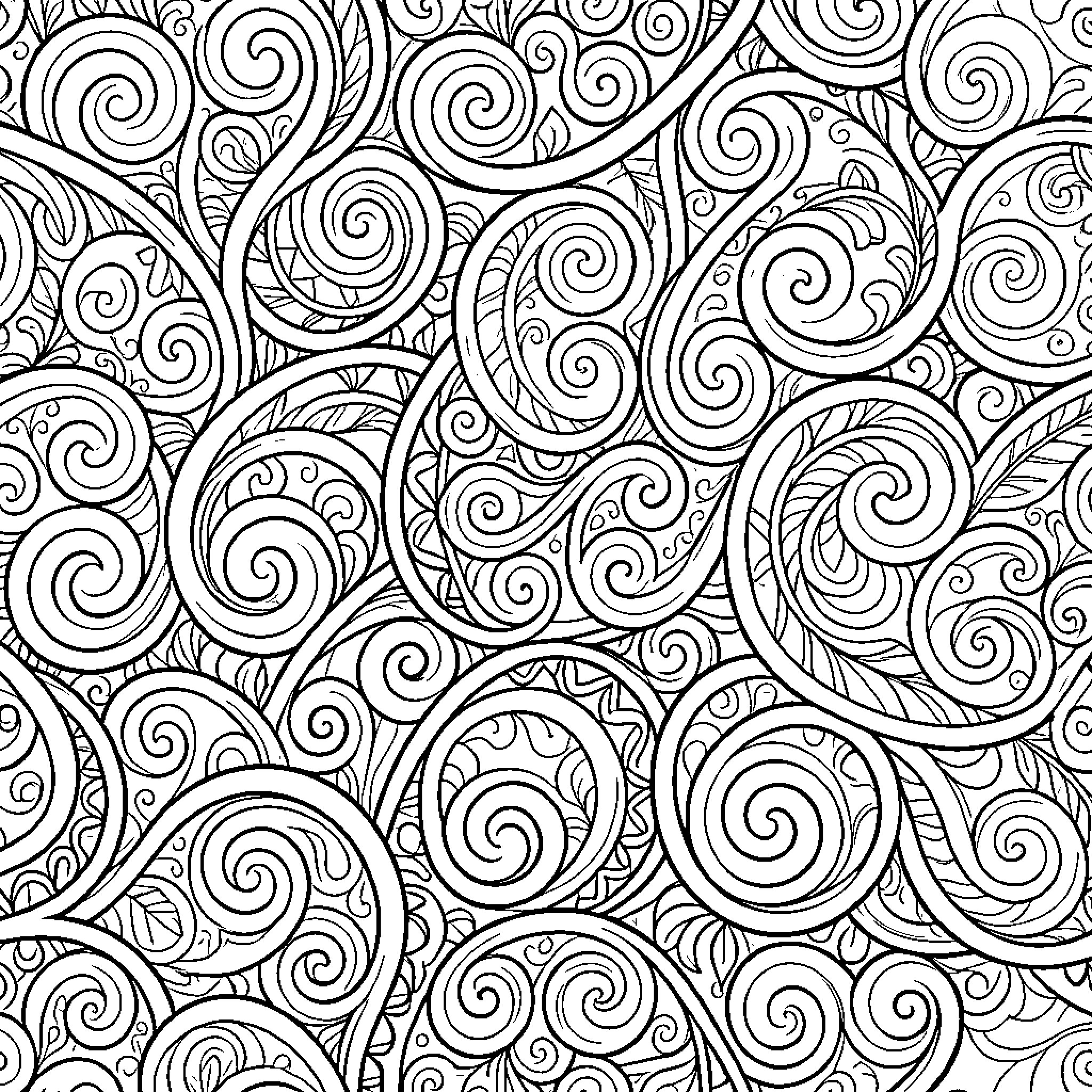 Paisley swirls and intricate flowing patterns intertwining Coloring Page (free black-and-white line drawing printable PDF for all, from beginners to advanced learners, including children, teens, adults, and seniors)