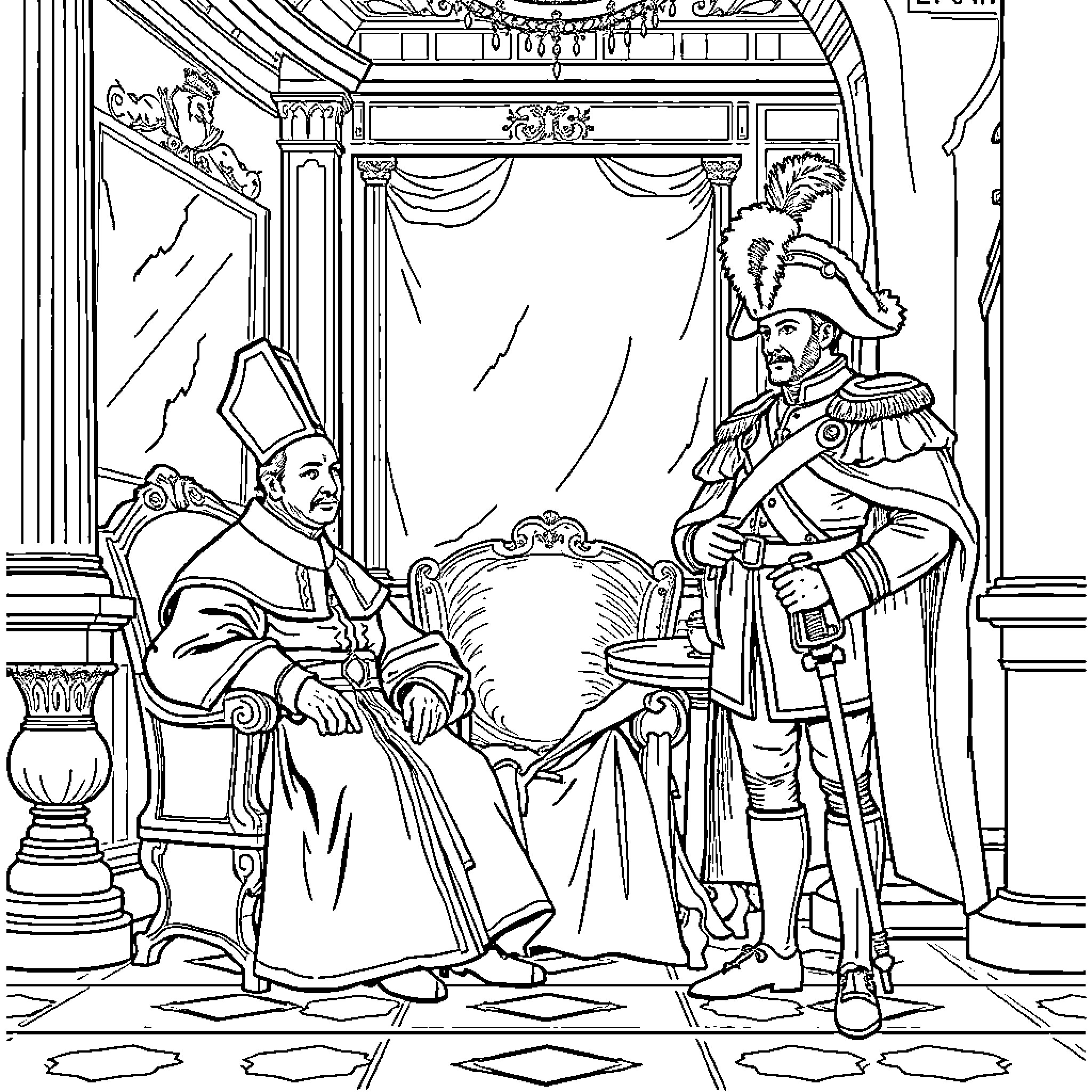 Cardinal Addressing a Military Commander in Court Coloring Page (free black-and-white line drawing printable PDF for all, from beginners to advanced learners, including children, teens, adults, and seniors)
