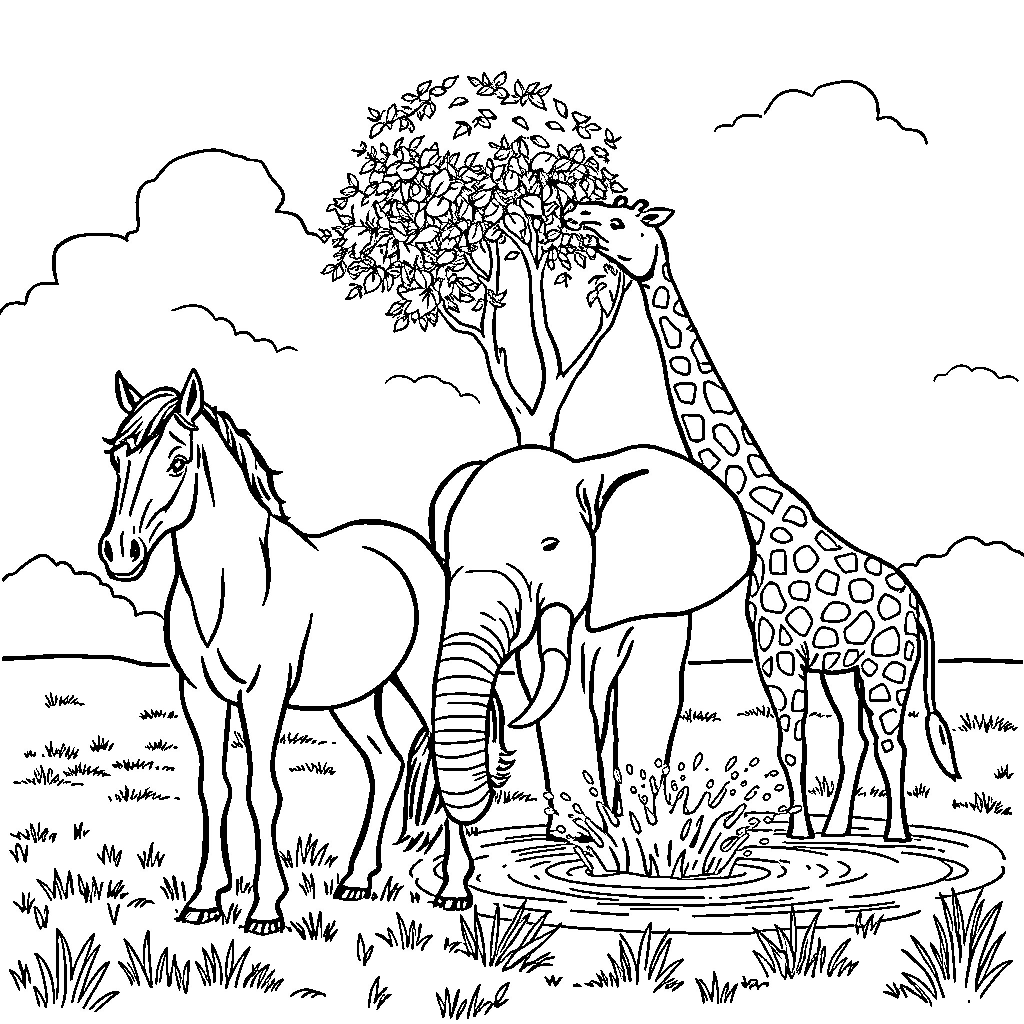 Horse and Giraffe Exploring the Serene Landscape Coloring Page (free black-and-white line drawing printable PDF for all, from beginners to advanced learners, including children, teens, adults, and seniors)
