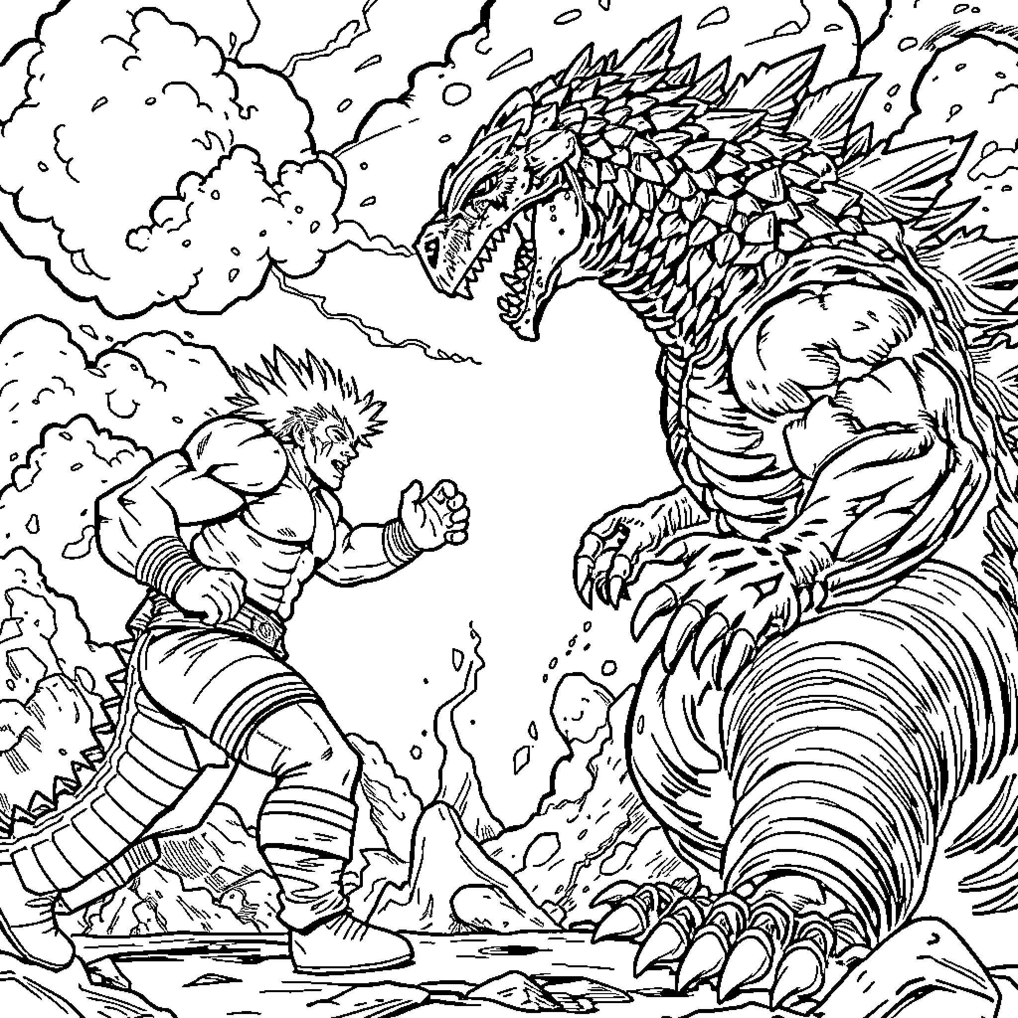 Ramarilla: Warrior battles a fearsome dragon Coloring Page (free black-and-white line drawing printable PDF for all, from beginners to advanced learners, including children, teens, adults, and seniors)