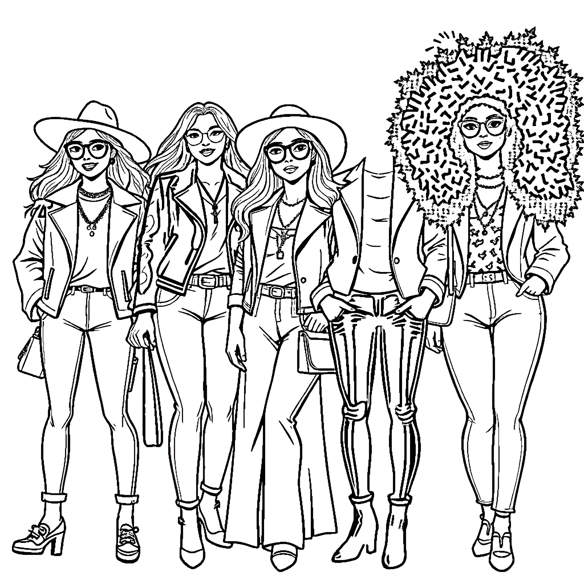 Women with stylish outfits and accessories Coloring Page (free black-and-white line drawing printable PDF for all, from beginners to advanced learners, including children, teens, adults, and seniors)