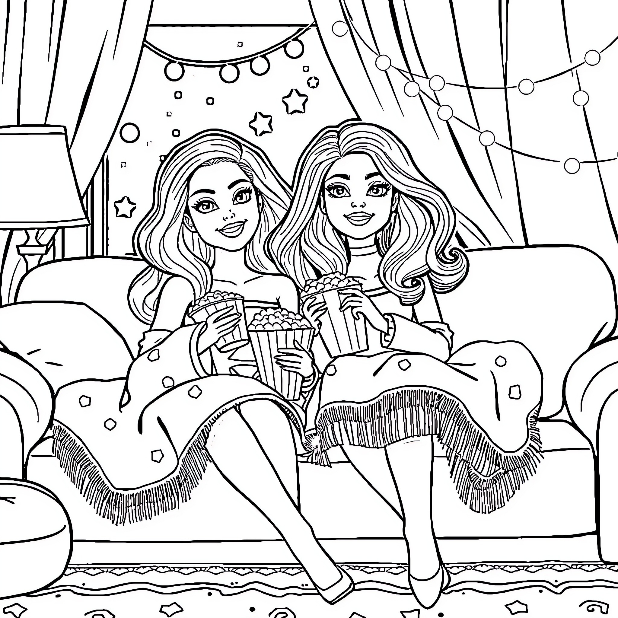 Barbie Girls Enjoying Movie Night on the Couch Coloring Page (free black-and-white line drawing printable PDF for all, from beginners to advanced learners, including children, teens, adults, and seniors)