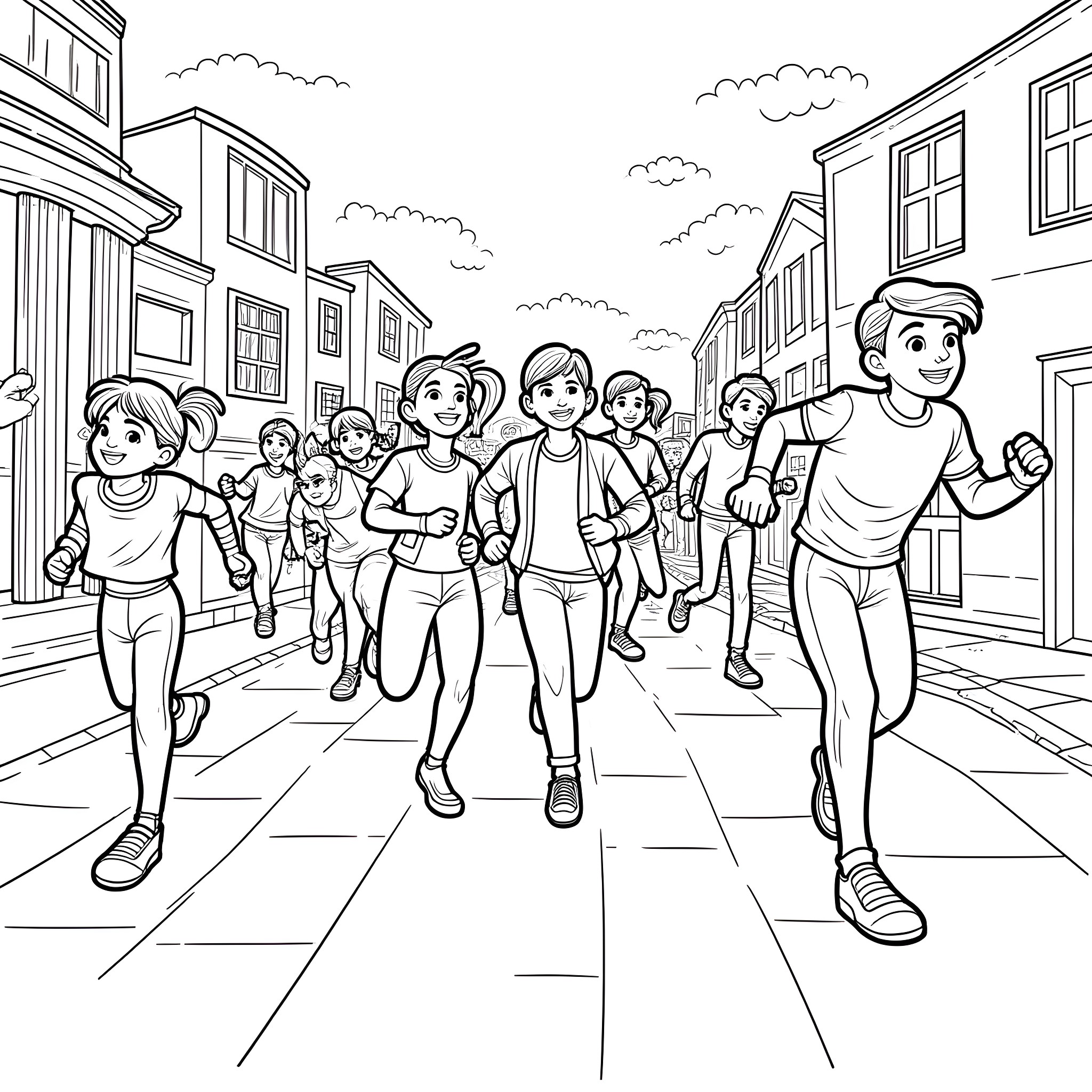 Chaos in the Streets - A Lively Community Coloring Page (free black-and-white line drawing printable PDF for all, from beginners to advanced learners, including children, teens, adults, and seniors)