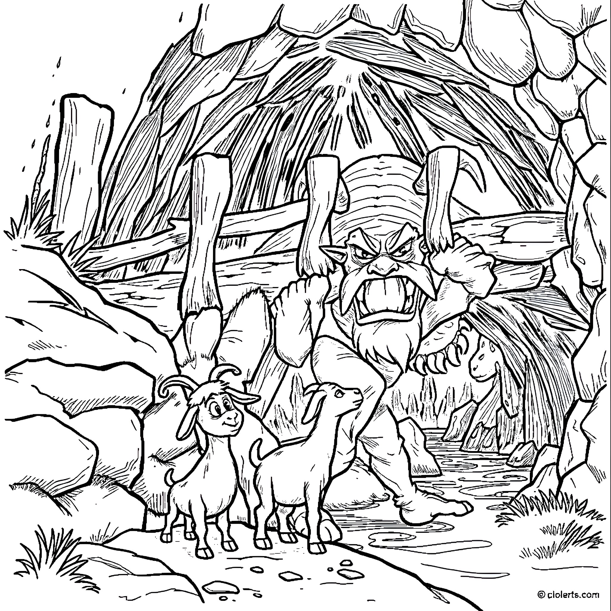 Billy Goat Exploring the Enchanted Forest Coloring Page (free black-and-white line drawing printable PDF for all, from beginners to advanced learners, including children, teens, adults, and seniors)
