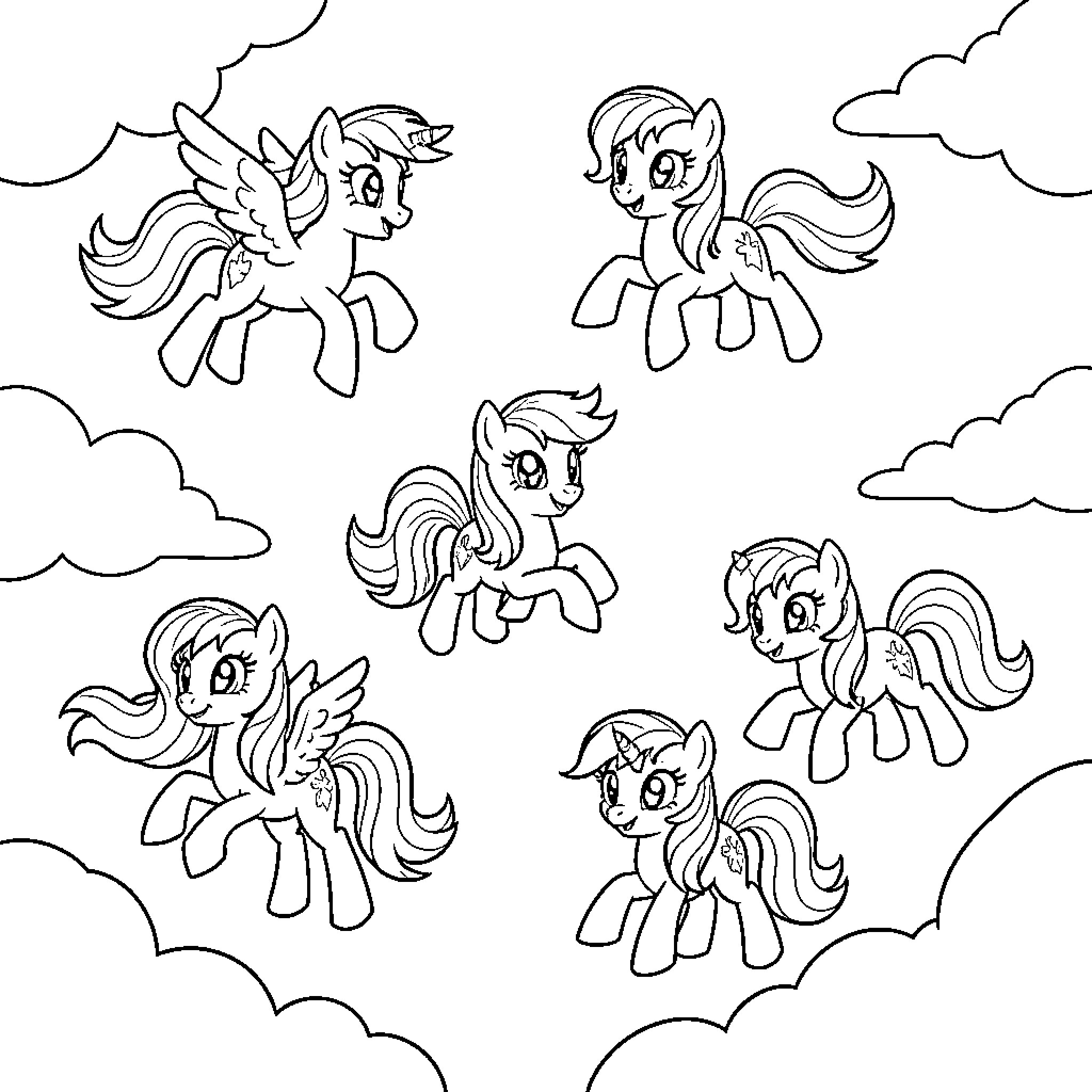 Pony friends frolicking in the clouds Coloring Page (free black-and-white line drawing printable PDF for all, from beginners to advanced learners, including children, teens, adults, and seniors)