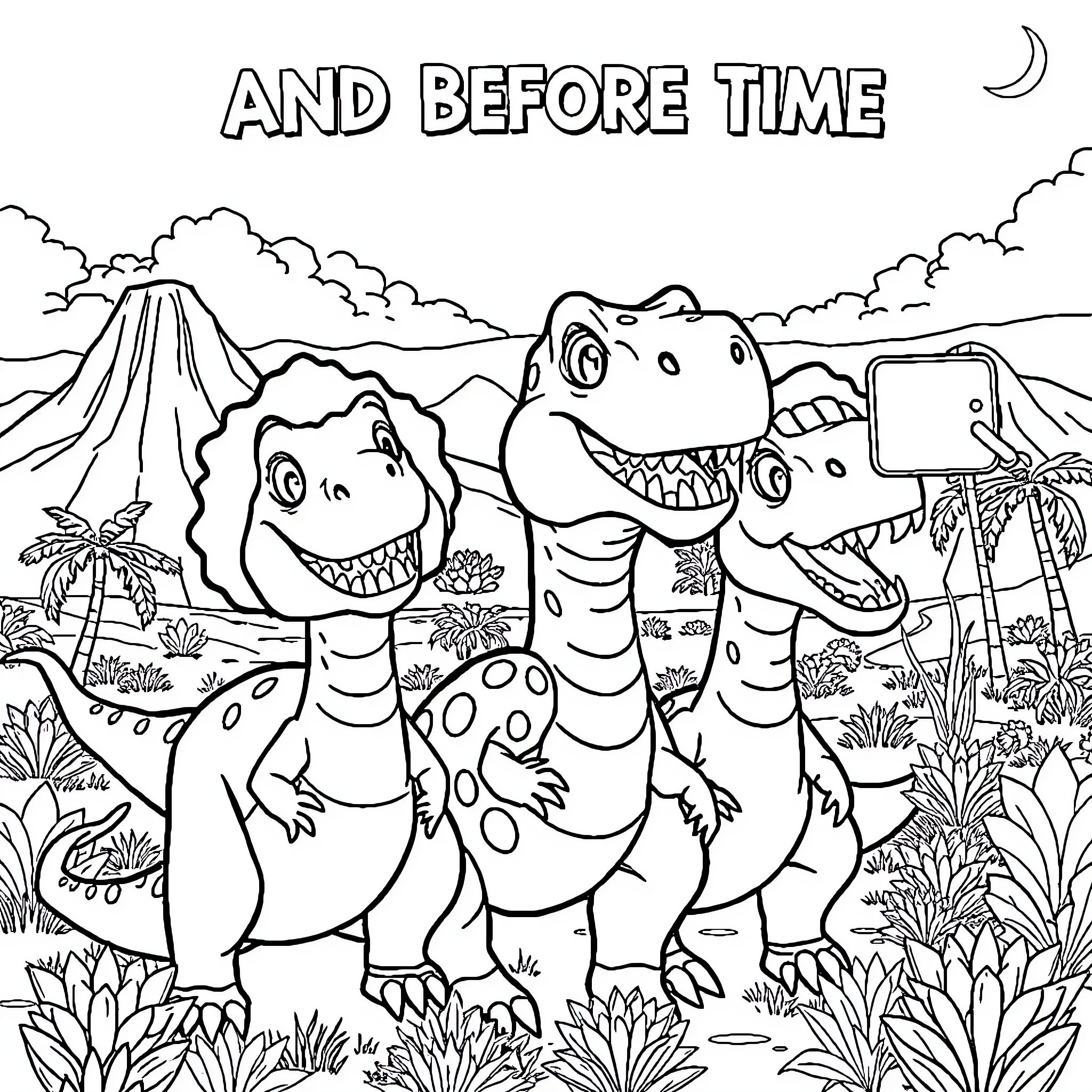 Dinosaurs in a prehistoric landscape Coloring Page (free black-and-white line drawing printable PDF for all, from beginners to advanced learners, including children, teens, adults, and seniors)