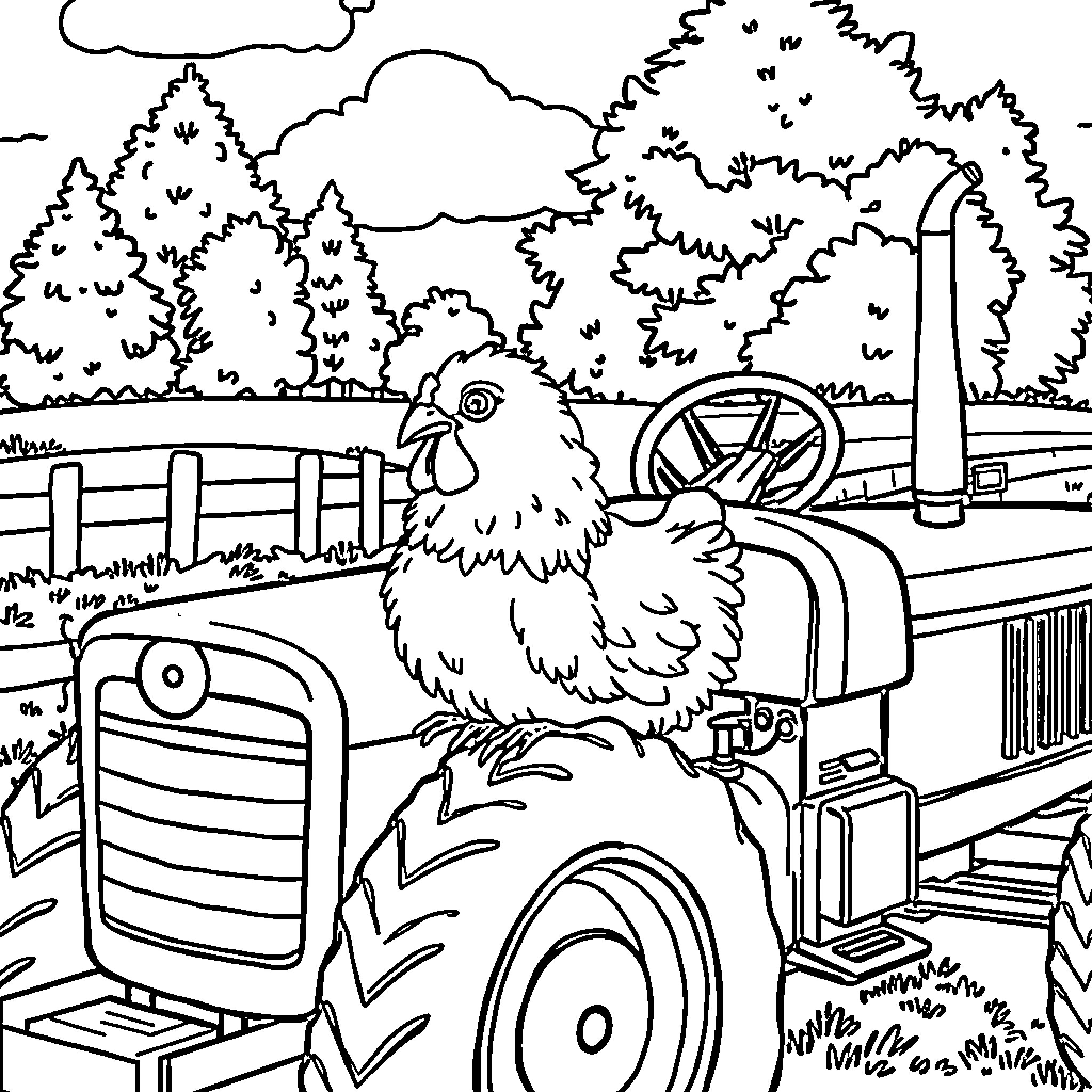 Chicken driving a tractor on the farm Coloring Page (free black-and-white line drawing printable PDF for all, from beginners to advanced learners, including children, teens, adults, and seniors)
