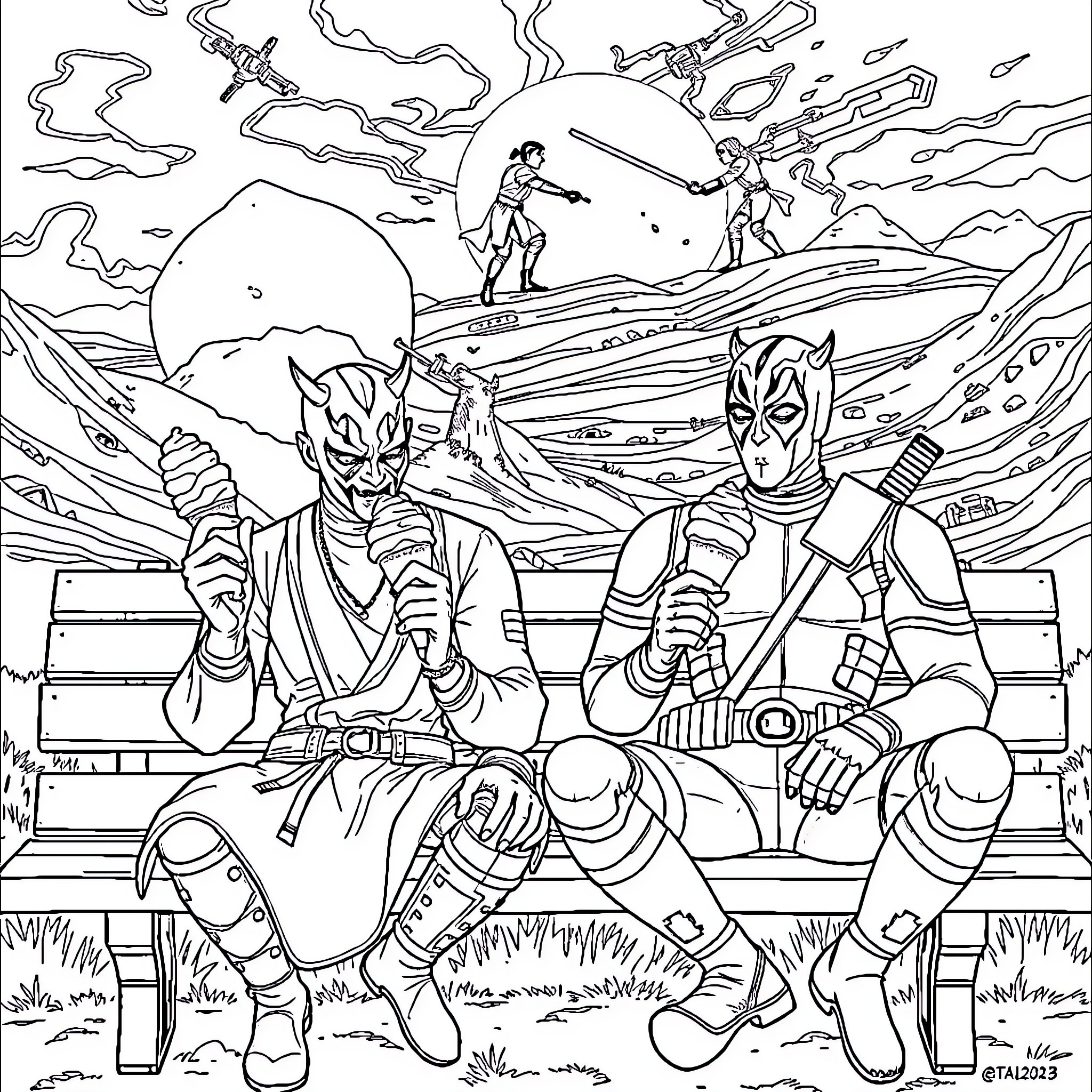 Darth Maul and Companion Engaged in Intense Battle Coloring Page (free black-and-white line drawing printable PDF for all, from beginners to advanced learners, including children, teens, adults, and seniors)