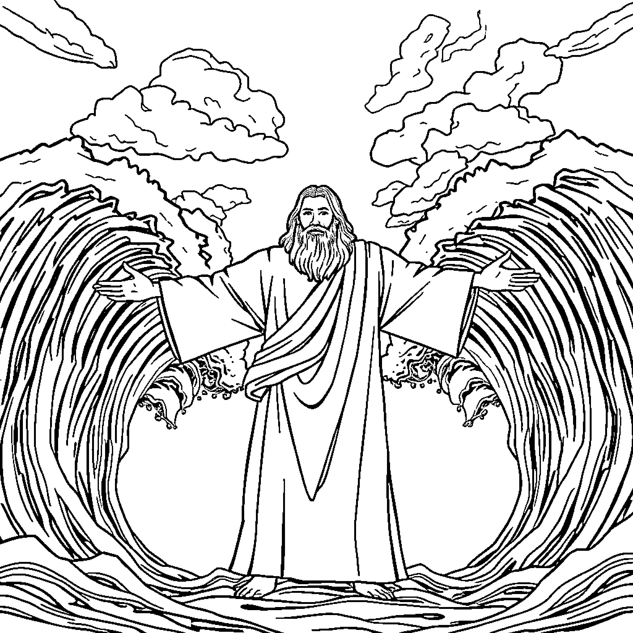 Moses Parting the Seas with Powerful Presence Coloring Page (free black-and-white line drawing printable PDF for all, from beginners to advanced learners, including children, teens, adults, and seniors)