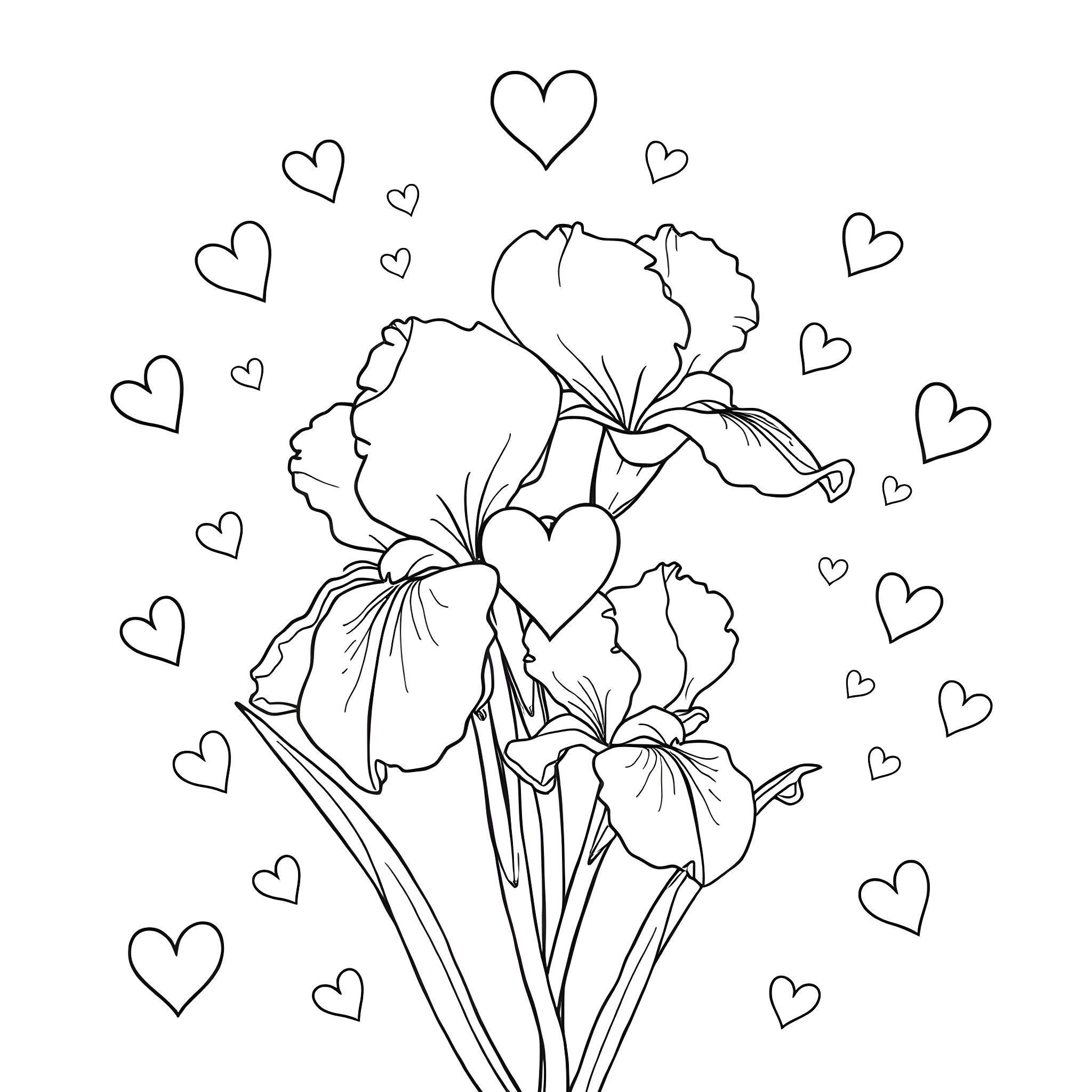 Iris flowers with floating hearts Coloring Page (free black-and-white line drawing printable PDF for all, from beginners to advanced learners, including children, teens, adults, and seniors)