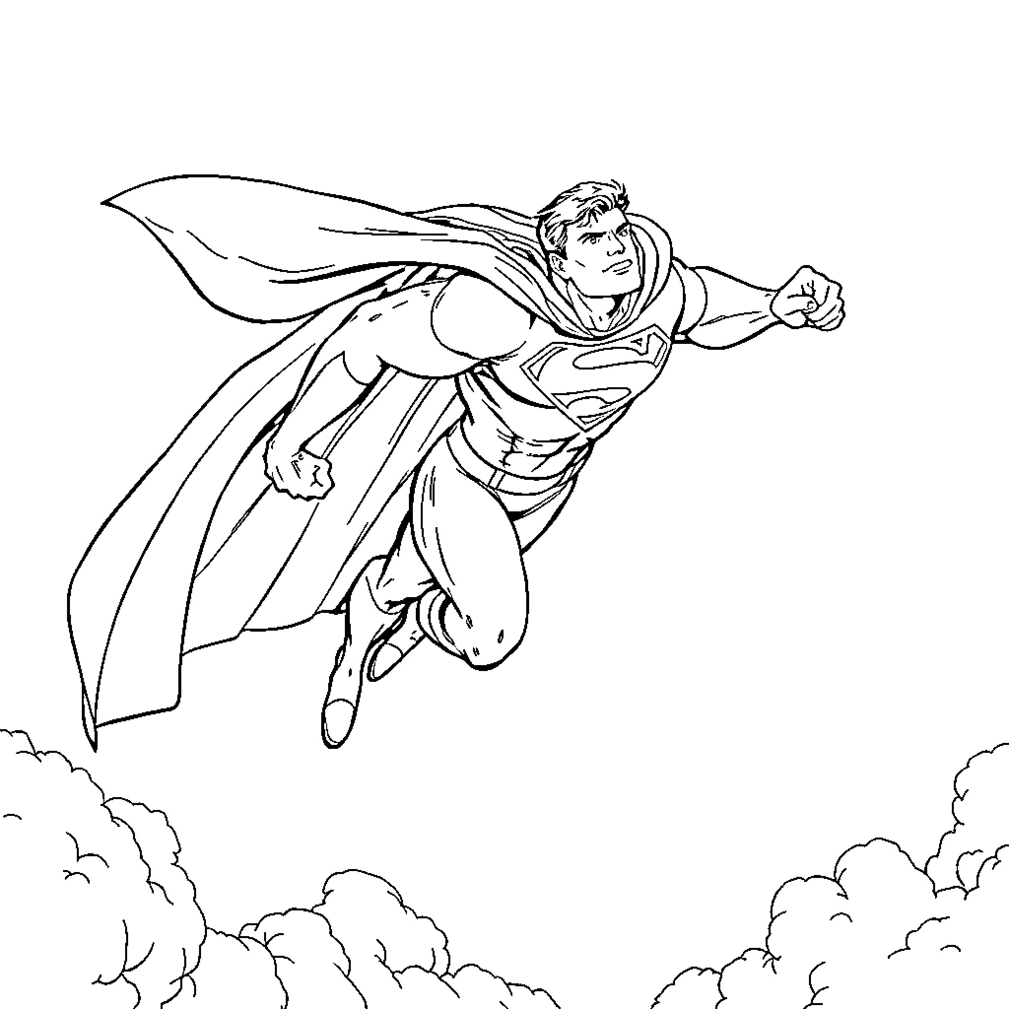 Superman soaring through the clouds with determination Coloring Page (free black-and-white line drawing printable PDF for all, from beginners to advanced learners, including children, teens, adults, and seniors)