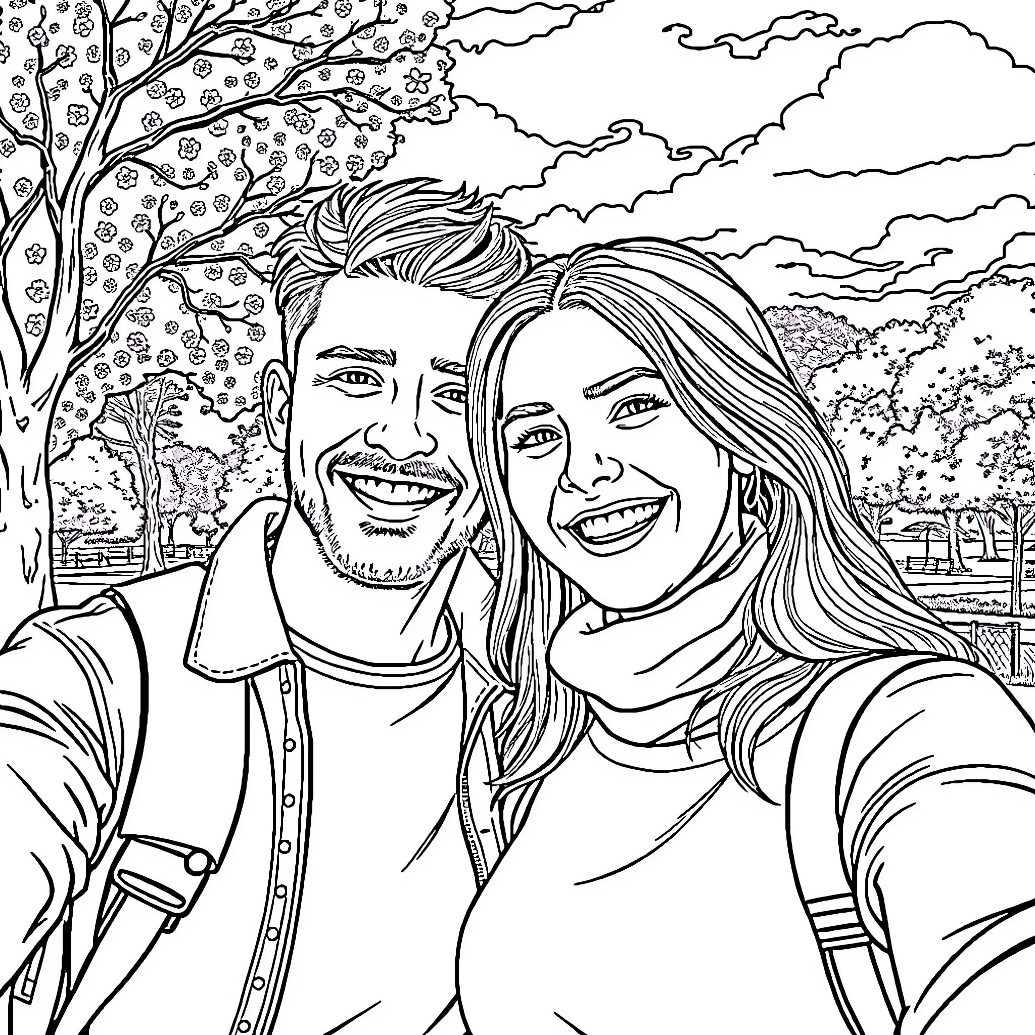 Lovers Embrace in Autumn Wonderland Coloring Page (free black-and-white line drawing printable PDF for all, from beginners to advanced learners, including children, teens, adults, and seniors)