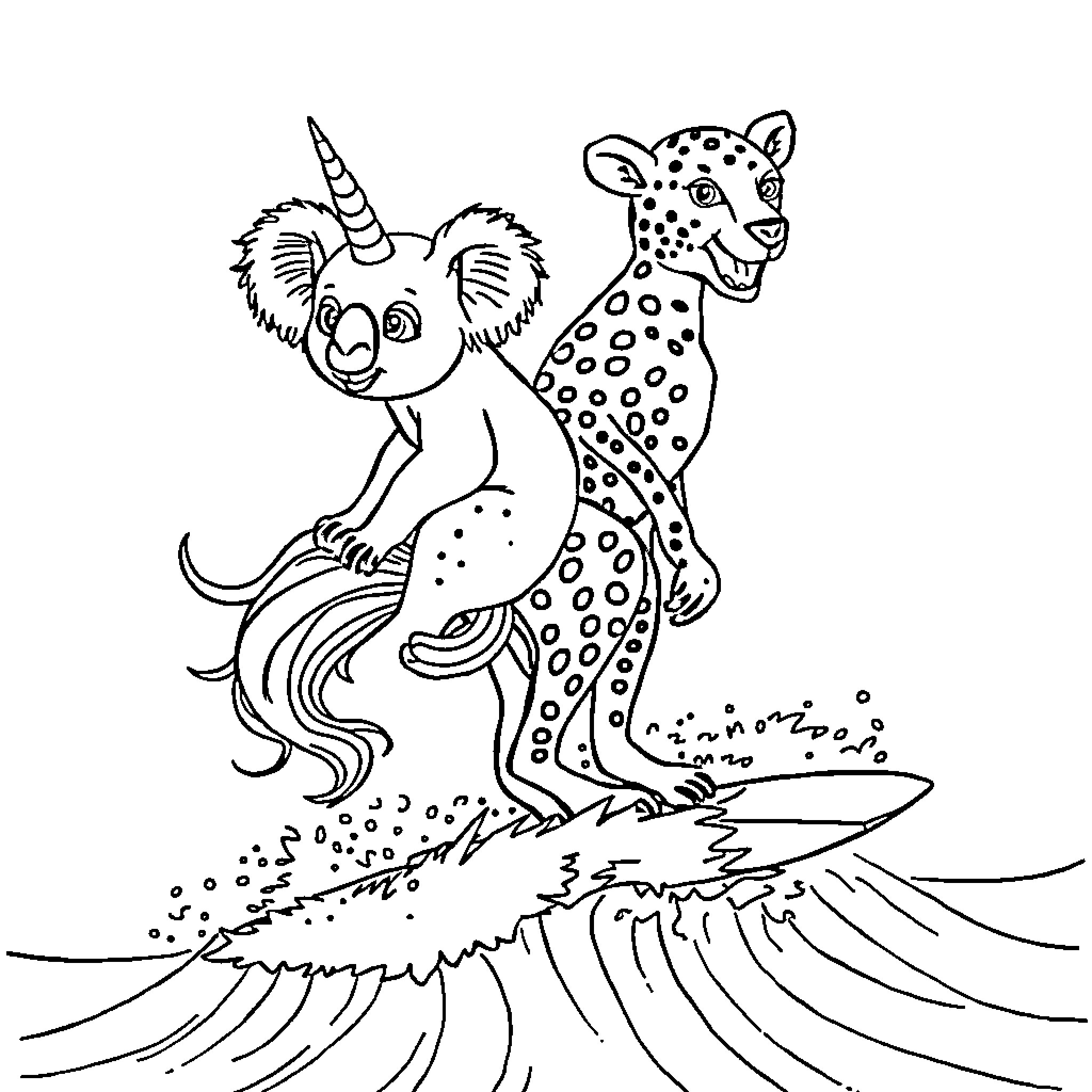 Koala and cheetah riding waves together Coloring Page (free black-and-white line drawing printable PDF for all, from beginners to advanced learners, including children, teens, adults, and seniors)