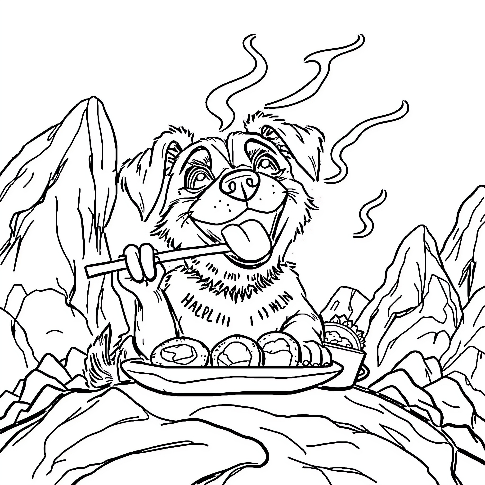 Dog cooking meal on campfire in the wilderness Coloring Page (free black-and-white line drawing printable PDF for all, from beginners to advanced learners, including children, teens, adults, and seniors)