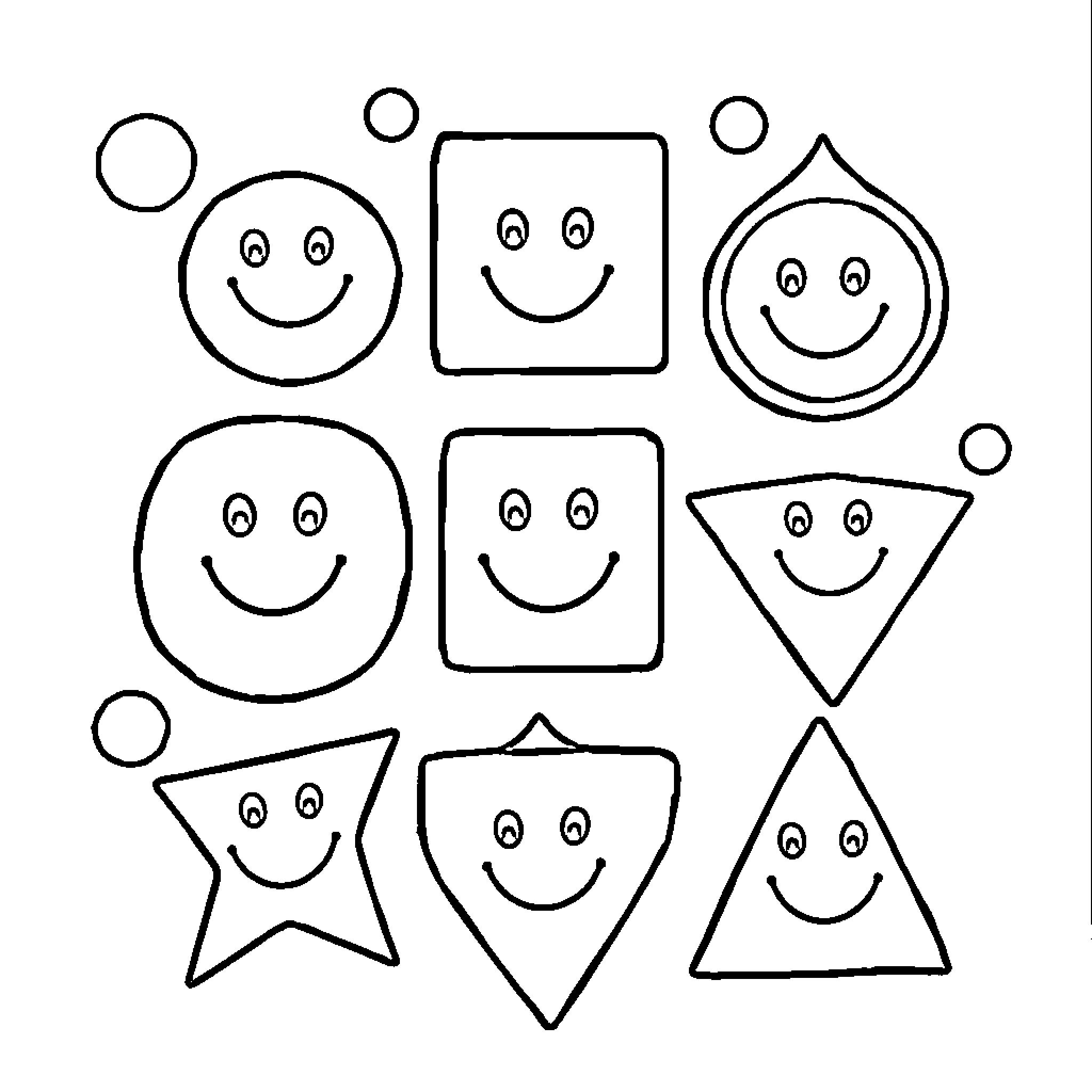 Shape characters with smiling expressions Coloring Page (free black-and-white line drawing printable PDF for all, from beginners to advanced learners, including children, teens, adults, and seniors)