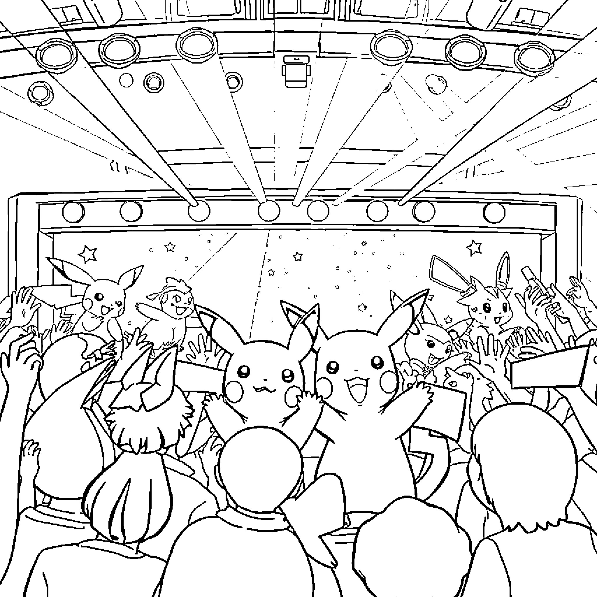 Pokémon characters having a joyful gathering on stage Coloring Page (free black-and-white line drawing printable PDF for all, from beginners to advanced learners, including children, teens, adults, and seniors)