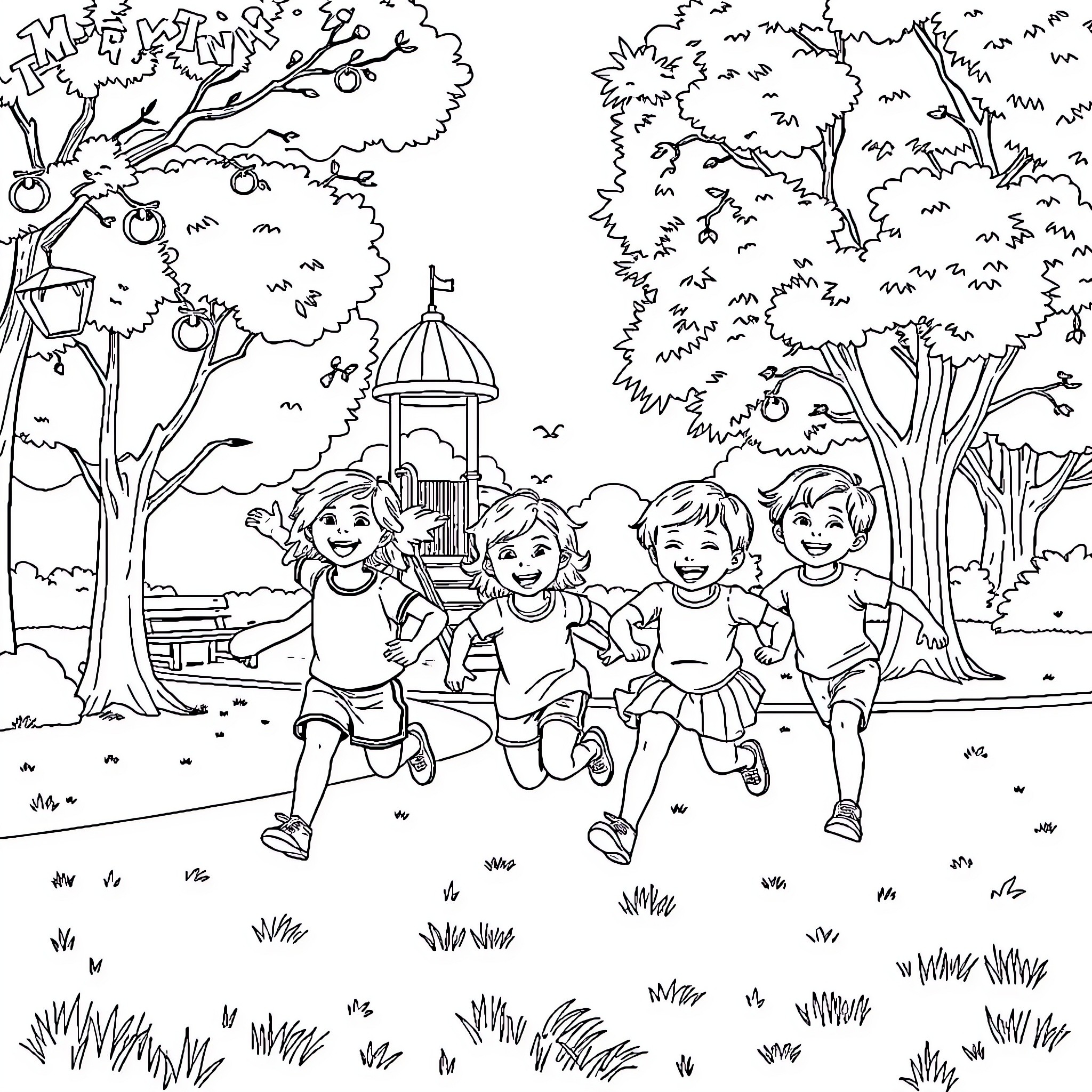 Park with children playing and running joyfully Coloring Page (free black-and-white line drawing printable PDF for all, from beginners to advanced learners, including children, teens, adults, and seniors)