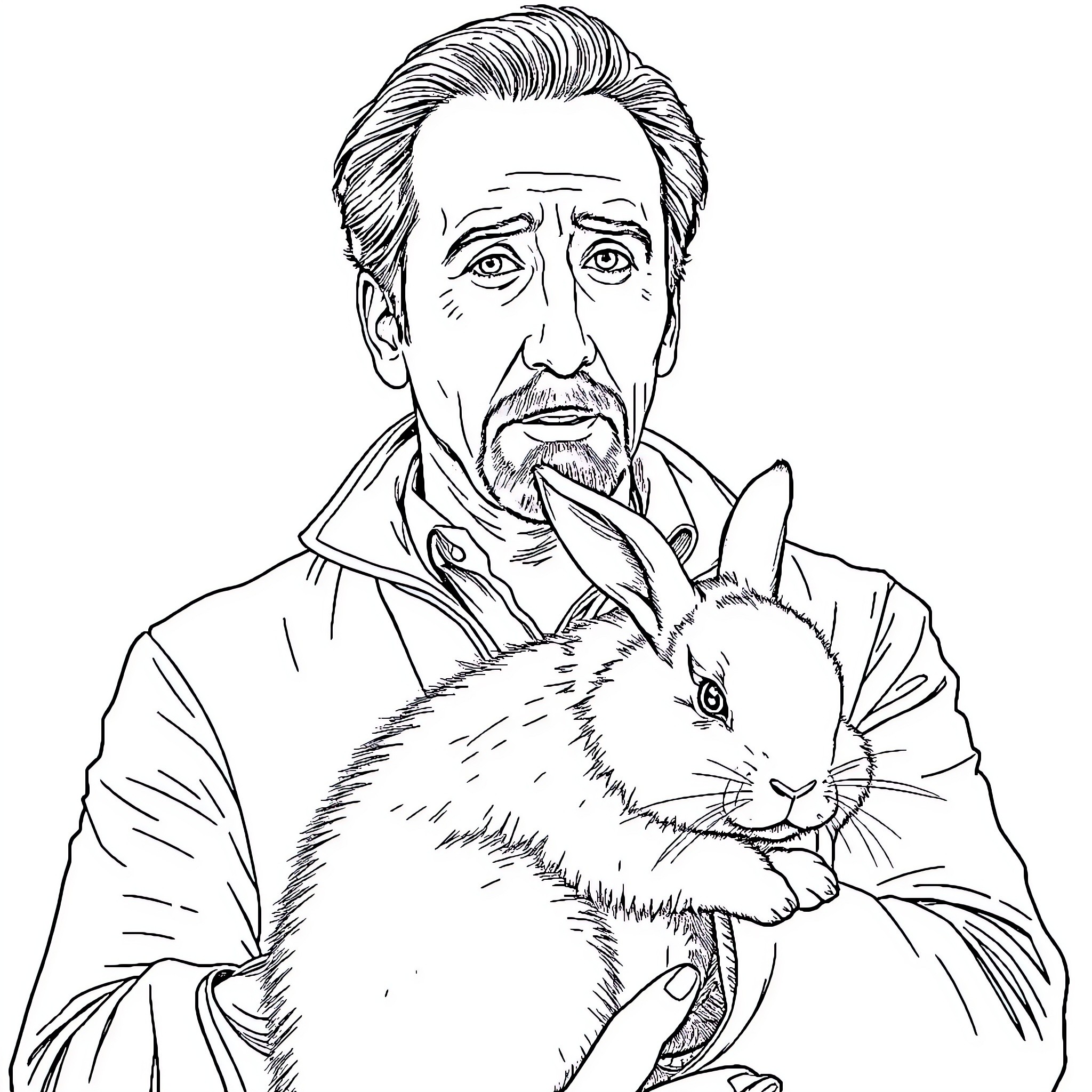 Rabbit found by thoughtful man Coloring Page (free black-and-white line drawing printable PDF for all, from beginners to advanced learners, including children, teens, adults, and seniors)