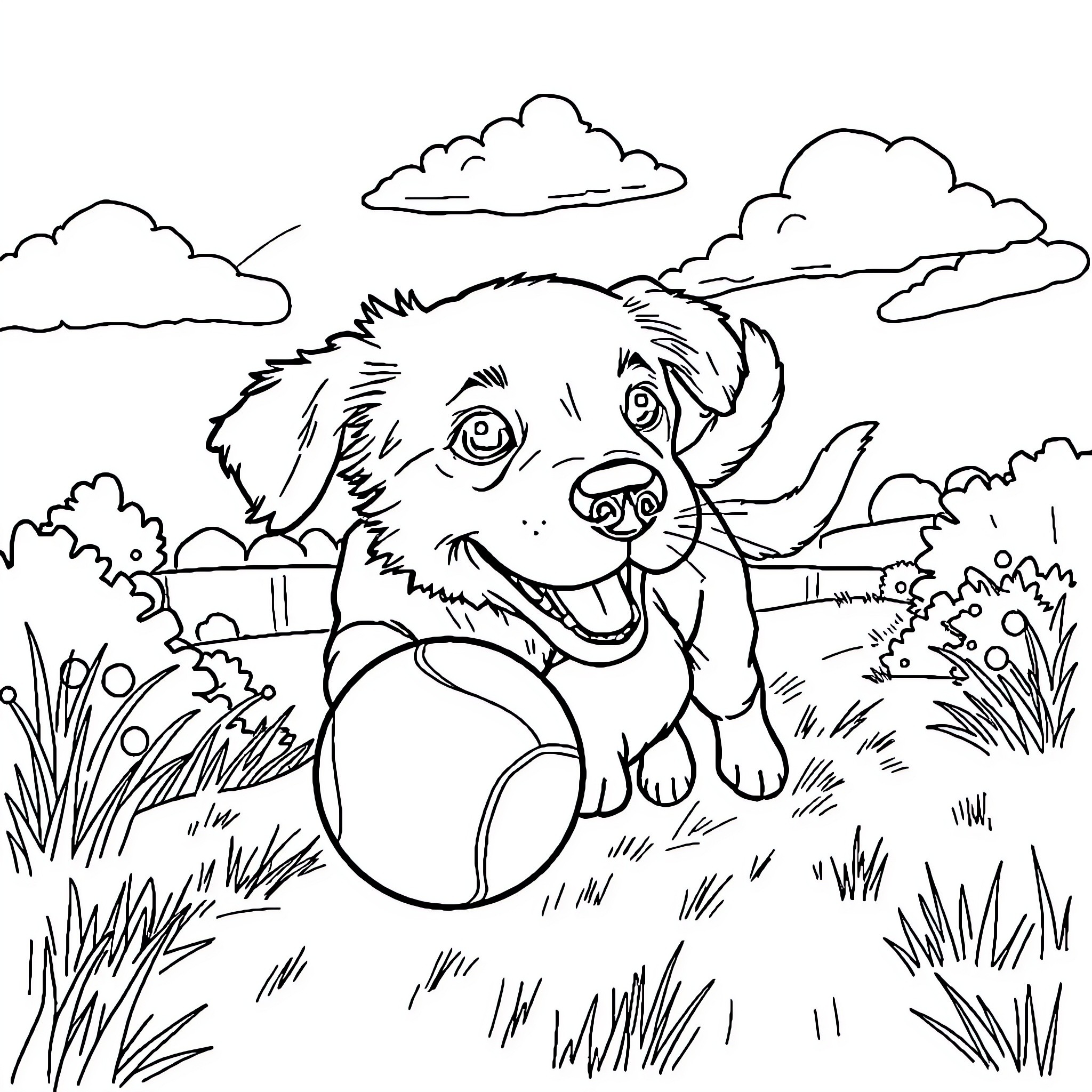 Dog playing happily with ball in the park Coloring Page (free black-and-white line drawing printable PDF for all, from beginners to advanced learners, including children, teens, adults, and seniors)