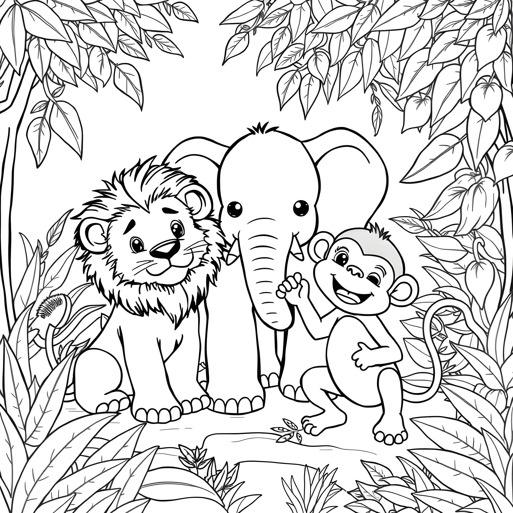 Baby Zoo Animal Friends Play in Lush Jungle Coloring Page (free black-and-white line drawing printable PDF for all, from beginners to advanced learners, including children, teens, adults, and seniors)