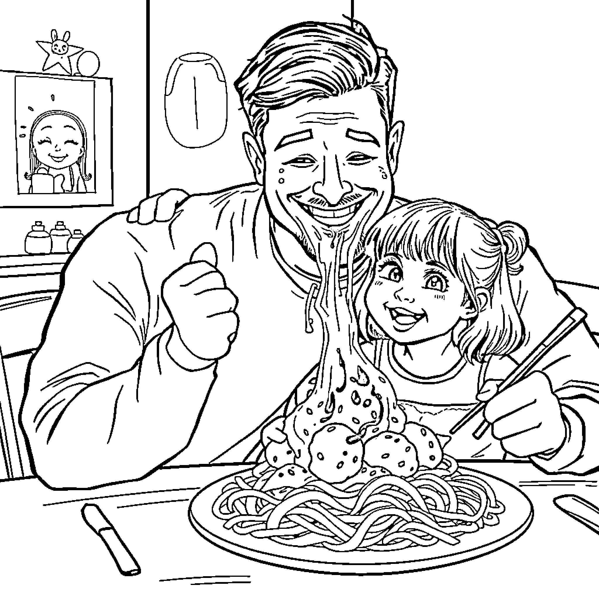 Dad and child enjoying spaghetti dinner together Coloring Page (free black-and-white line drawing printable PDF for all, from beginners to advanced learners, including children, teens, adults, and seniors)