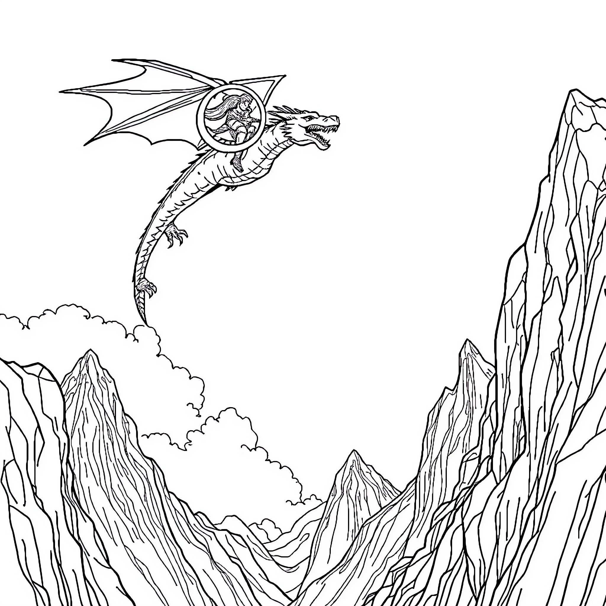 Dragon soaring over rugged mountains Coloring Page (free black-and-white line drawing printable PDF for all, from beginners to advanced learners, including children, teens, adults, and seniors)