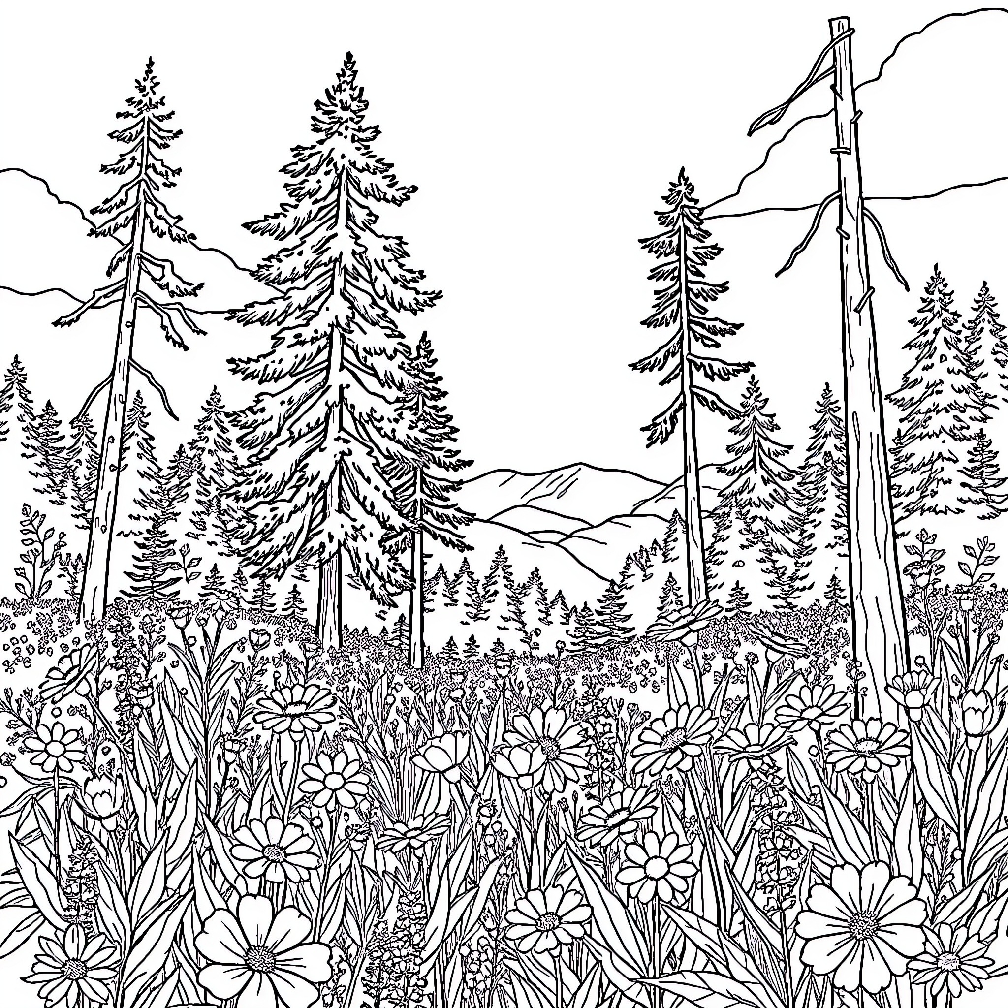 Nature scene of forest with wildflowers and mountain backdrop Coloring Page (free black-and-white line drawing printable PDF for all, from beginners to advanced learners, including children, teens, adults, and seniors)