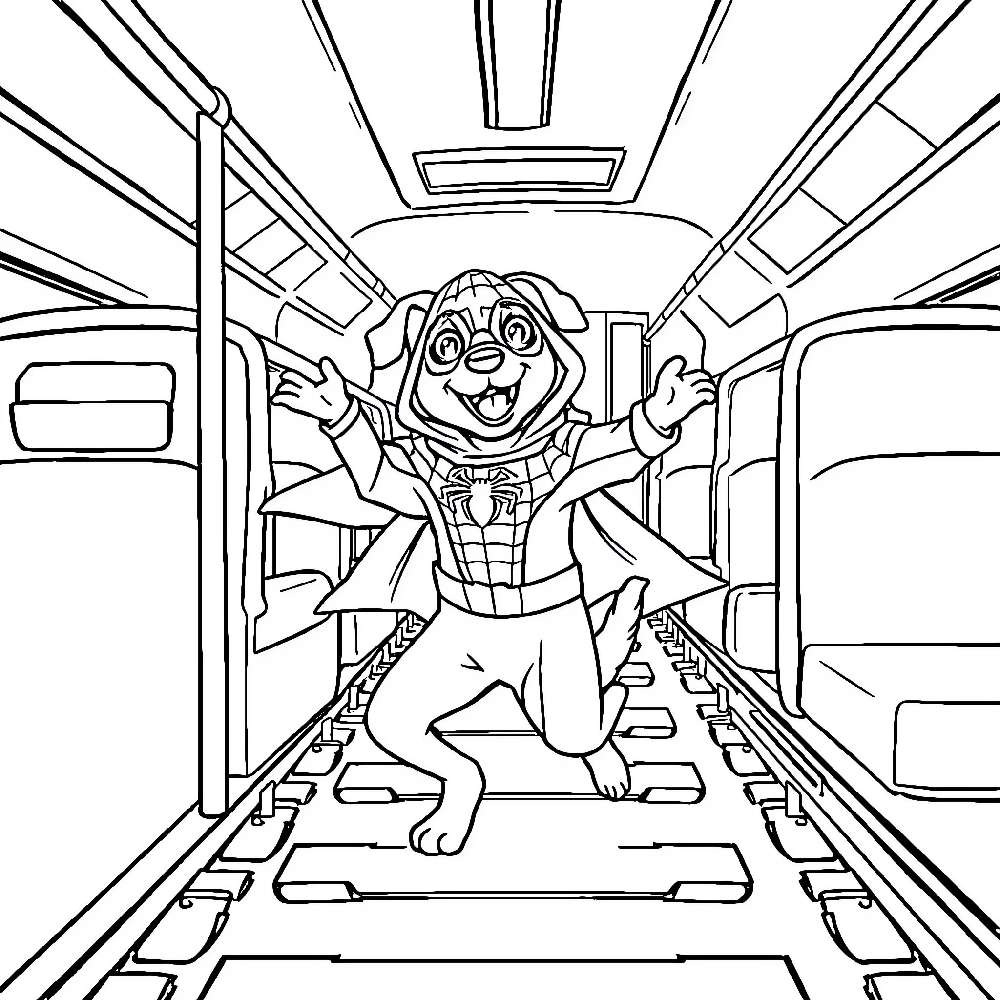 Dog in Superhero Costume Onboard a Train Coloring Page (free black-and-white line drawing printable PDF for all, from beginners to advanced learners, including children, teens, adults, and seniors)
