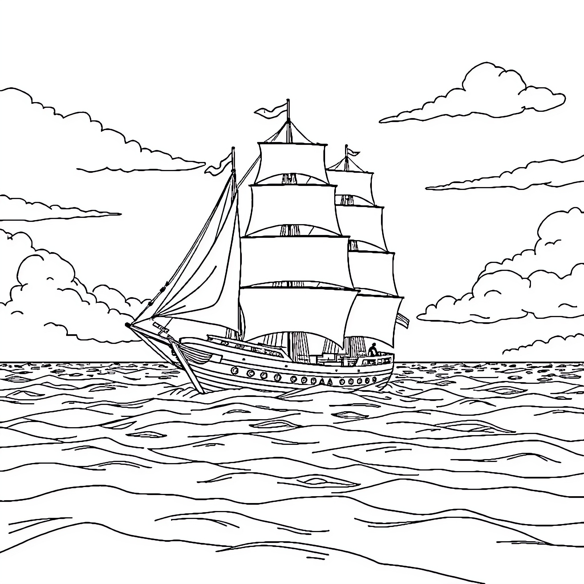 Ship sailing across the open sea Coloring Page (free black-and-white line drawing printable PDF for all, from beginners to advanced learners, including children, teens, adults, and seniors)