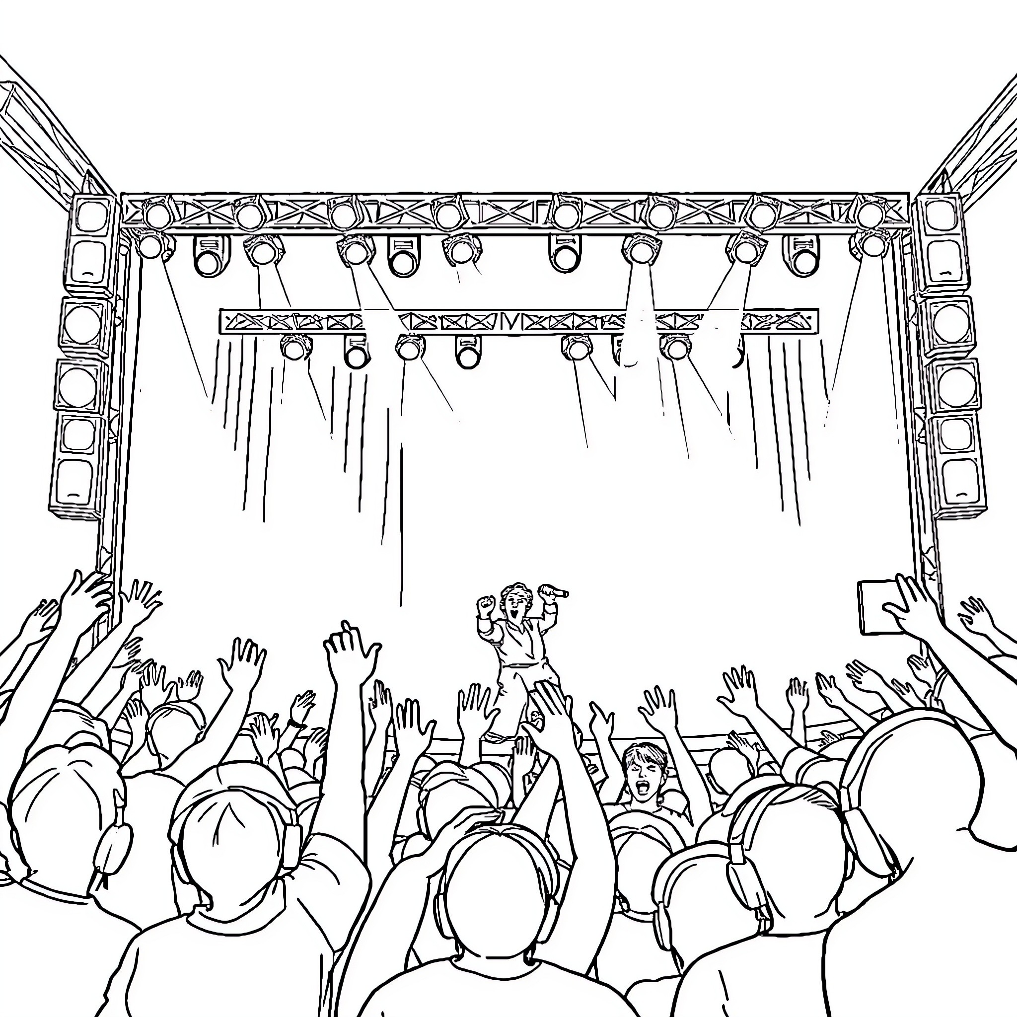 BTS Group Performing on Stage for Energetic Crowd Coloring Page (free black-and-white line drawing printable PDF for all, from beginners to advanced learners, including children, teens, adults, and seniors)