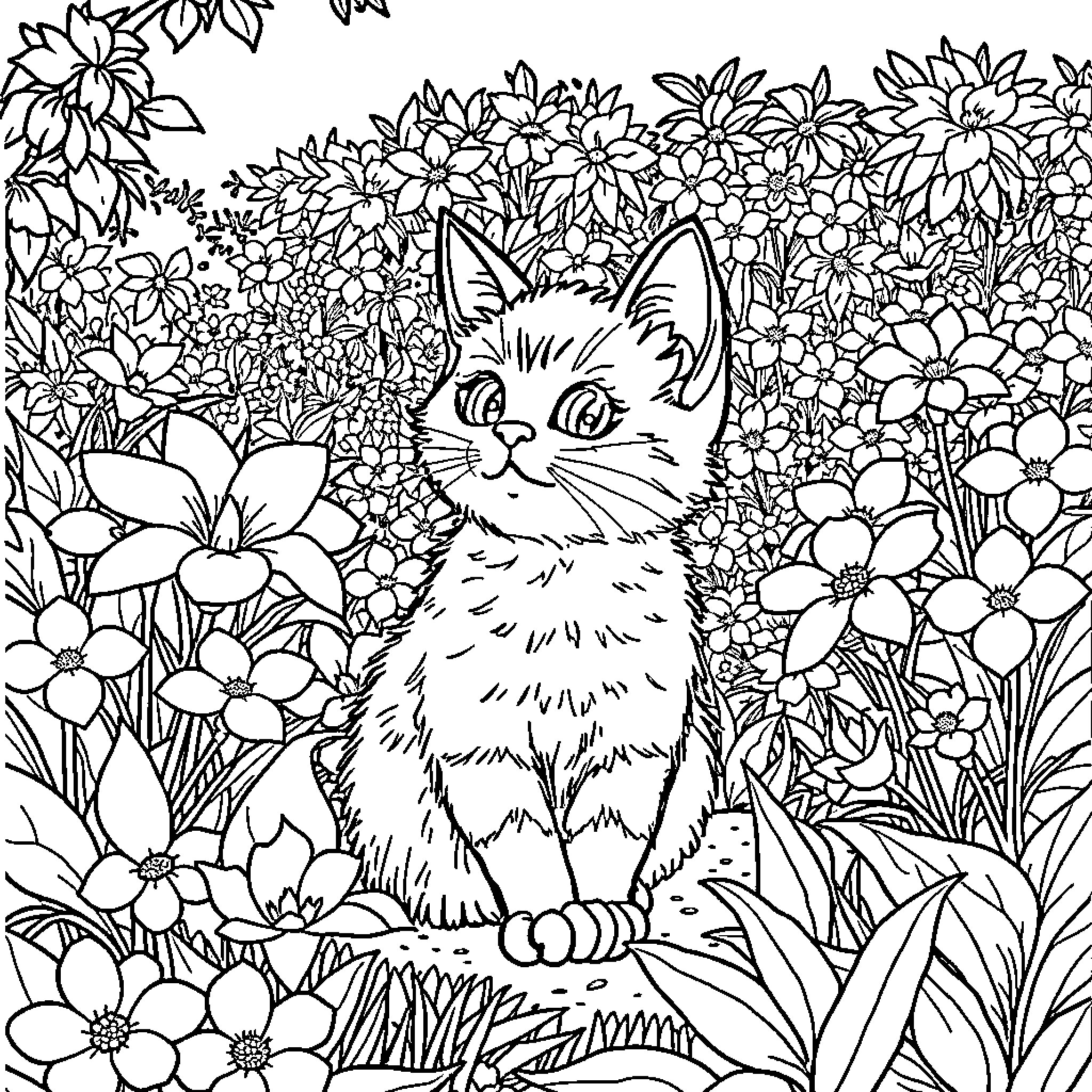 Anime Cat sitting in a beautiful floral garden Coloring Page (free black-and-white line drawing printable PDF for all, from beginners to advanced learners, including children, teens, adults, and seniors)