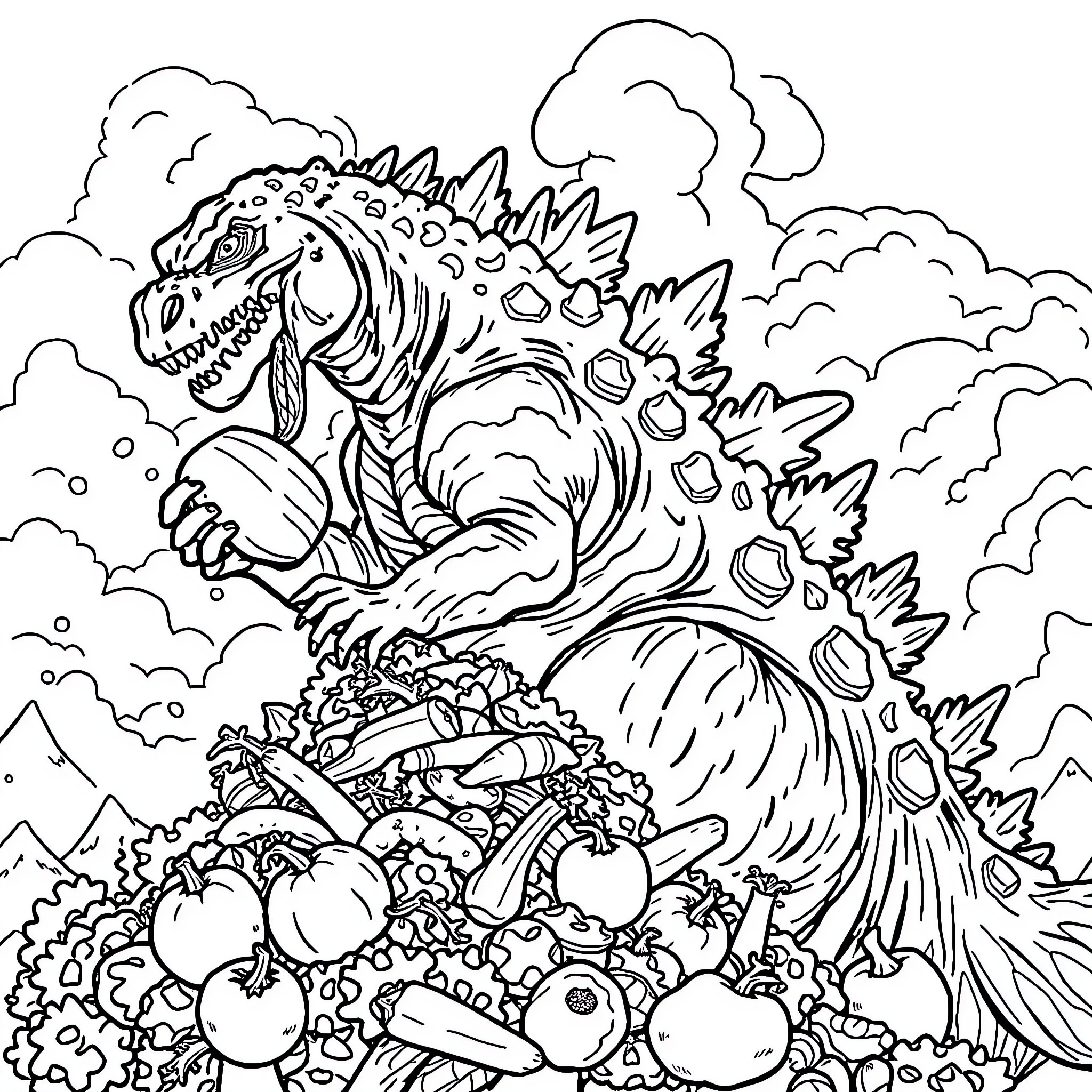 Godzilla stomping through a forest of fruit and vegetation Coloring Page (free black-and-white line drawing printable PDF for all, from beginners to advanced learners, including children, teens, adults, and seniors)