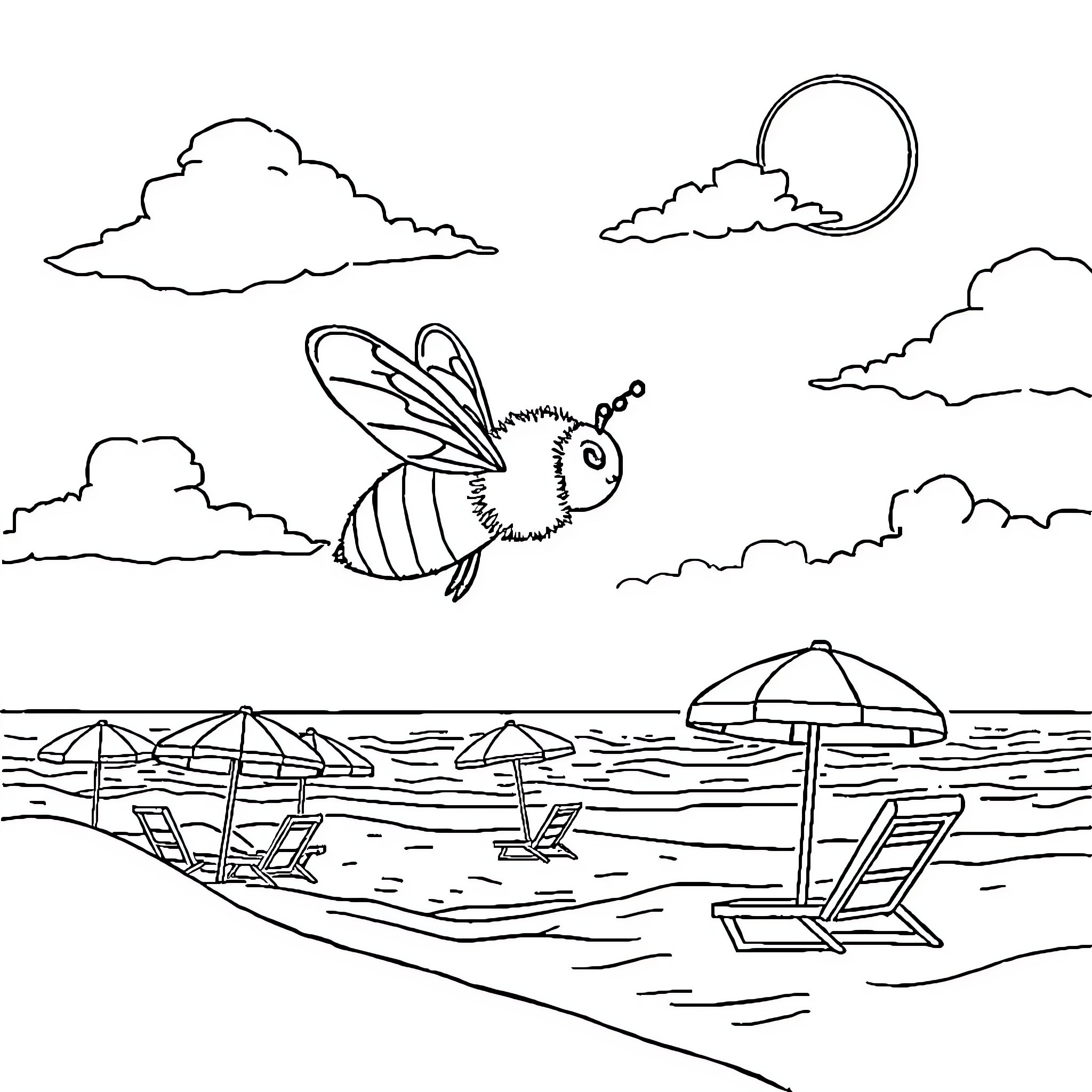 Bee flying happily over a summer beach scene Coloring Page (free black-and-white line drawing printable PDF for all, from beginners to advanced learners, including children, teens, adults, and seniors)