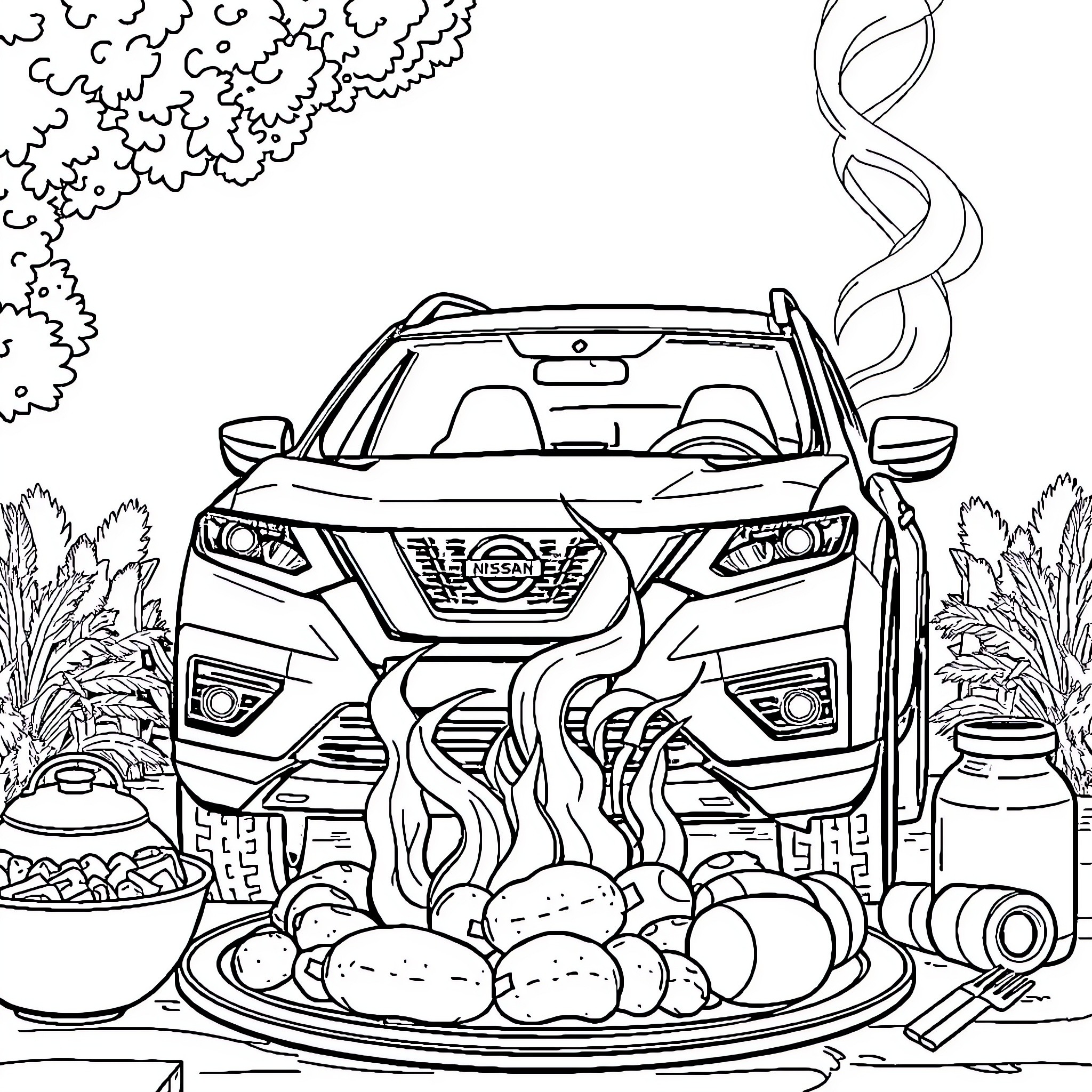 Nissan X Trail Enjoying Nature Picnic Coloring Page (free black-and-white line drawing printable PDF for all, from beginners to advanced learners, including children, teens, adults, and seniors)