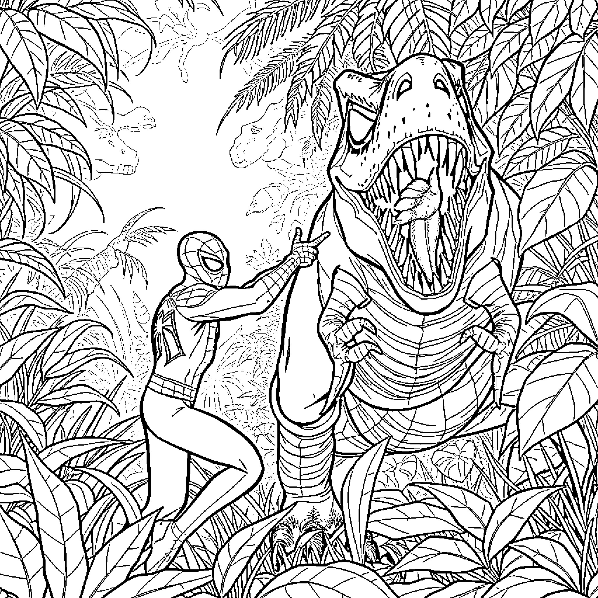 Spiderman facing a formidable dinosaur in the jungle Coloring Page (free black-and-white line drawing printable PDF for all, from beginners to advanced learners, including children, teens, adults, and seniors)