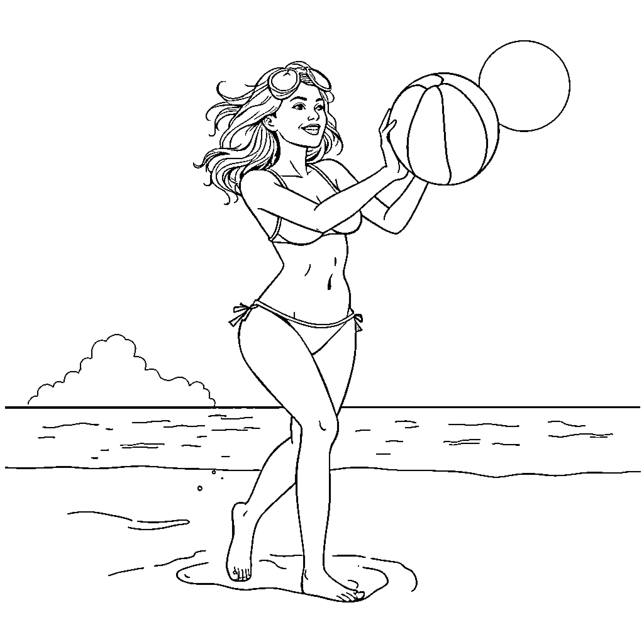 Woman playing with beach ball on the shore Coloring Page (free black-and-white line drawing printable PDF for all, from beginners to advanced learners, including children, teens, adults, and seniors)