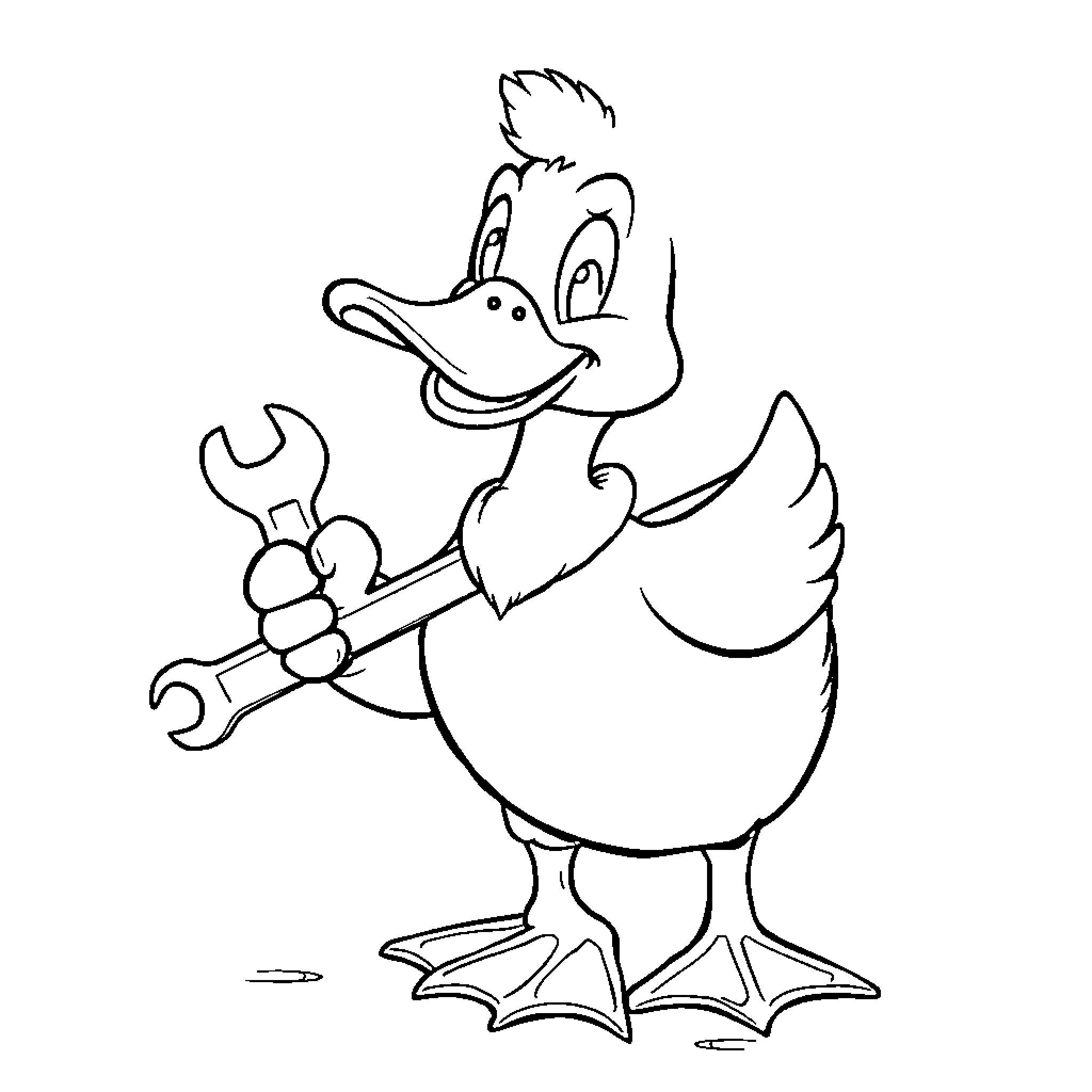 Duck with a Wrench Cartoon Character Coloring Page (free black-and-white line drawing printable PDF for all, from beginners to advanced learners, including children, teens, adults, and seniors)