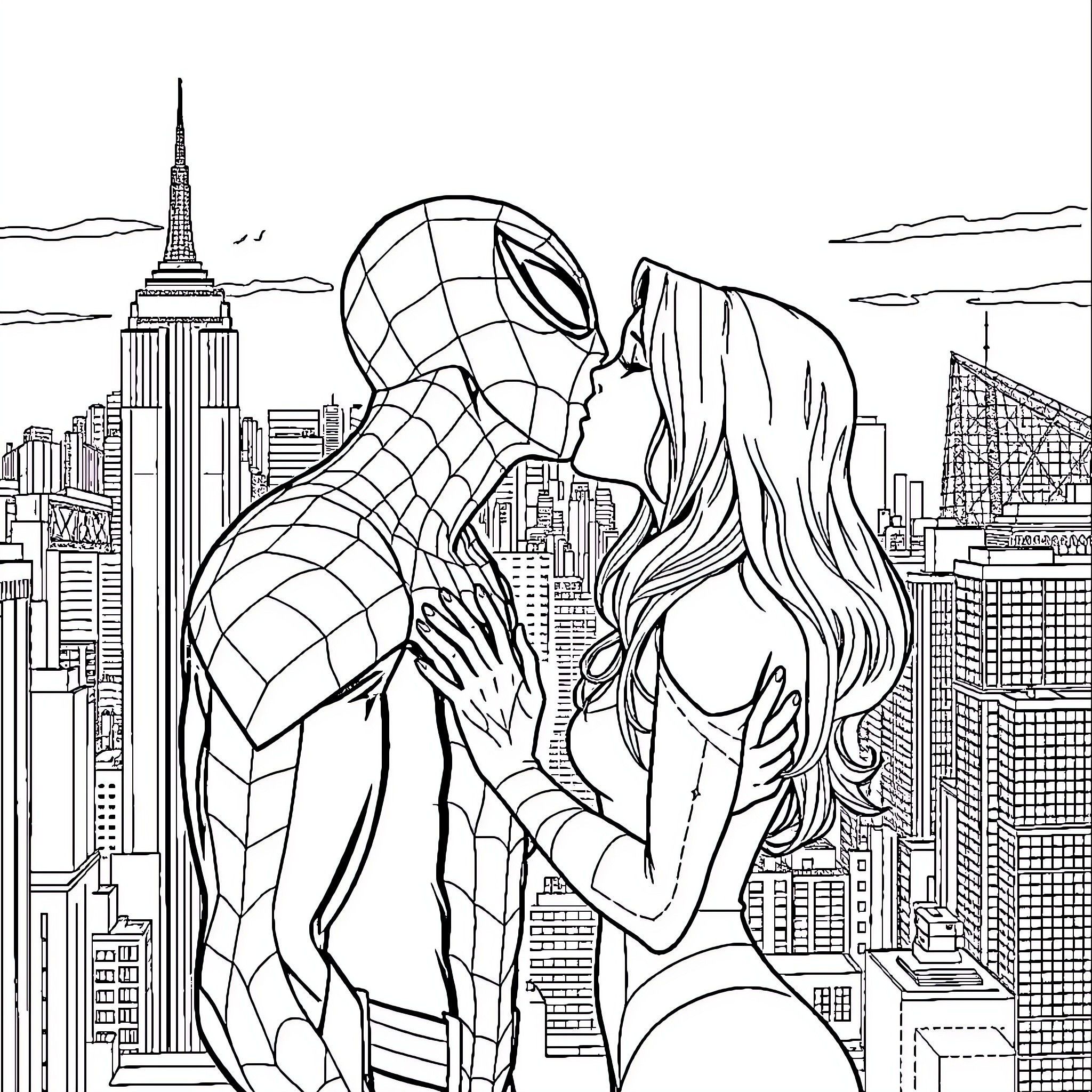 Spiderman rescuing a woman in the city Coloring Page (free black-and-white line drawing printable PDF for all, from beginners to advanced learners, including children, teens, adults, and seniors)