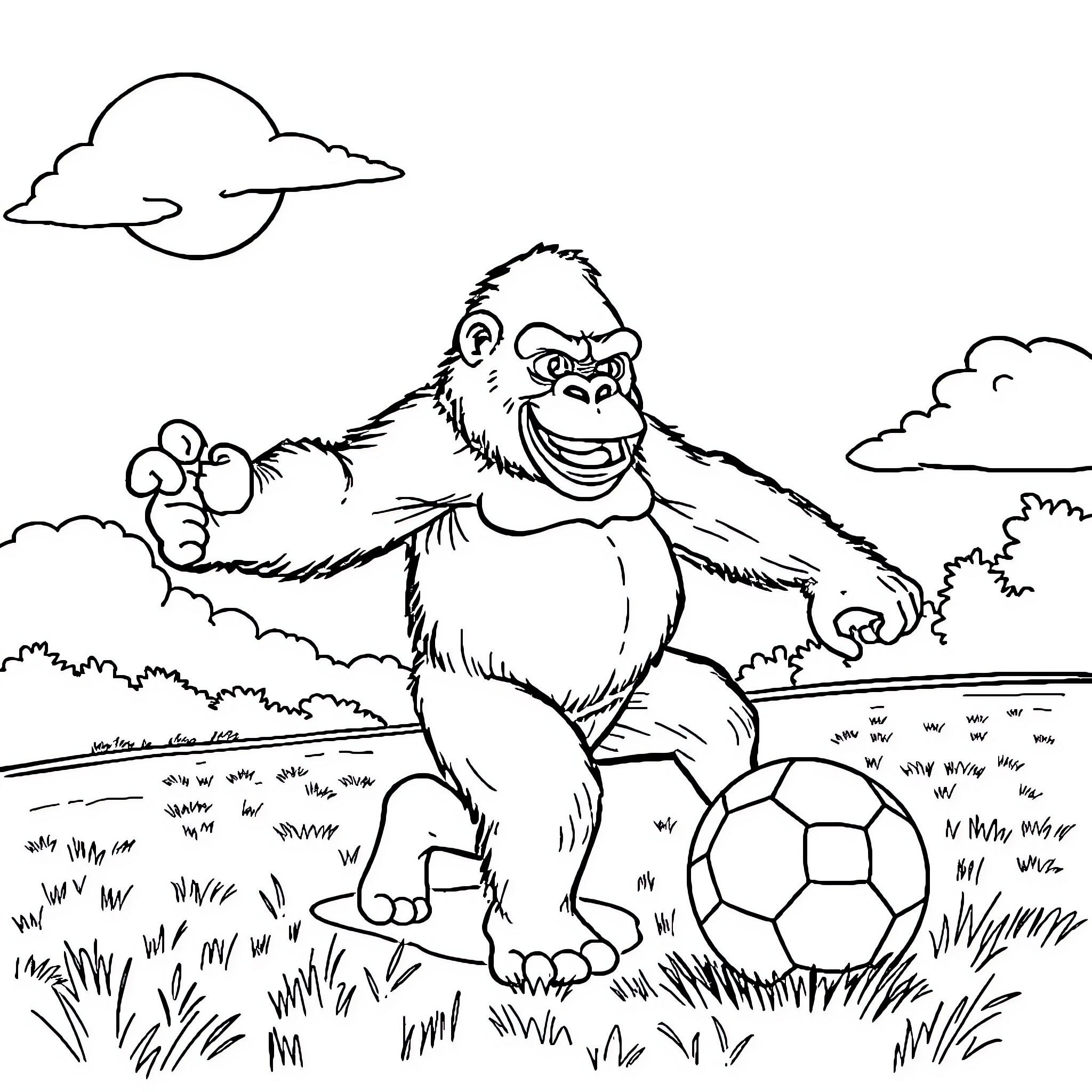 Gorilla playing joyfully with soccer ball in nature Coloring Page (free black-and-white line drawing printable PDF for all, from beginners to advanced learners, including children, teens, adults, and seniors)