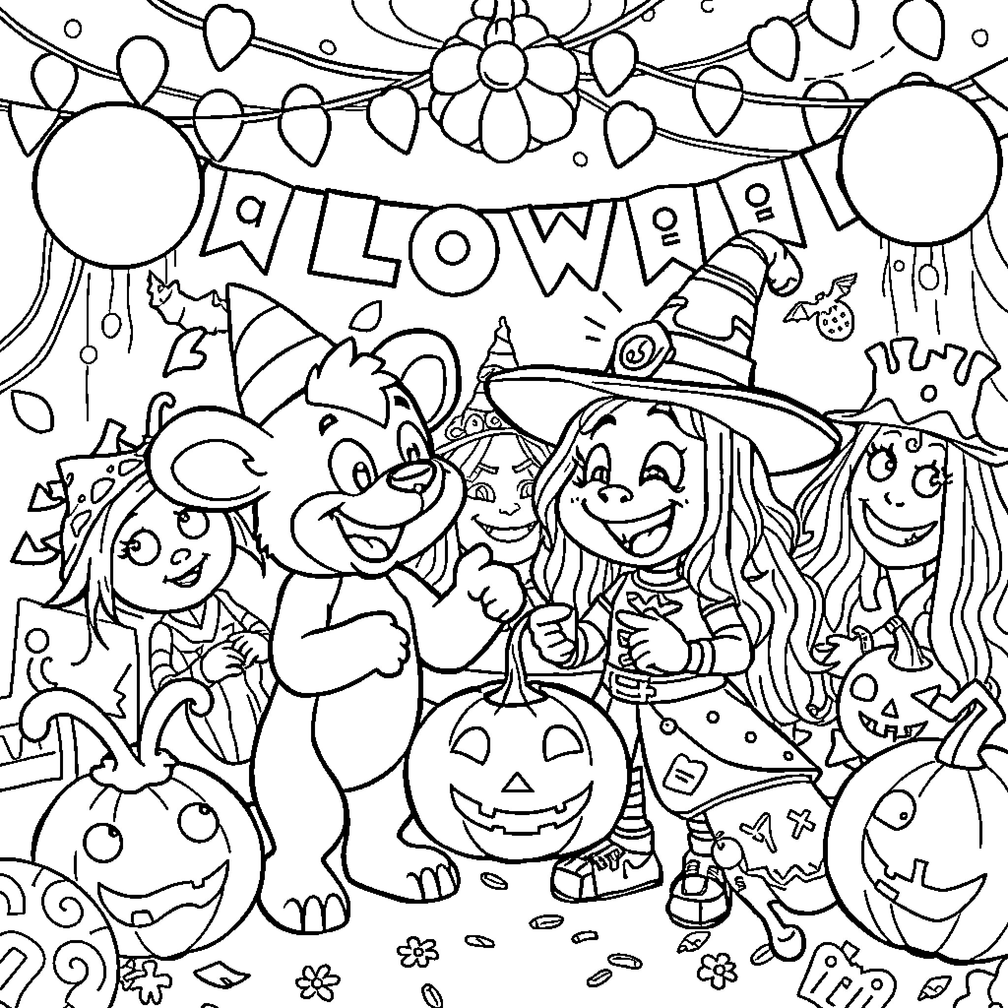Bluey's Fun Halloween Celebration Coloring Page (free black-and-white line drawing printable PDF for all, from beginners to advanced learners, including children, teens, adults, and seniors)