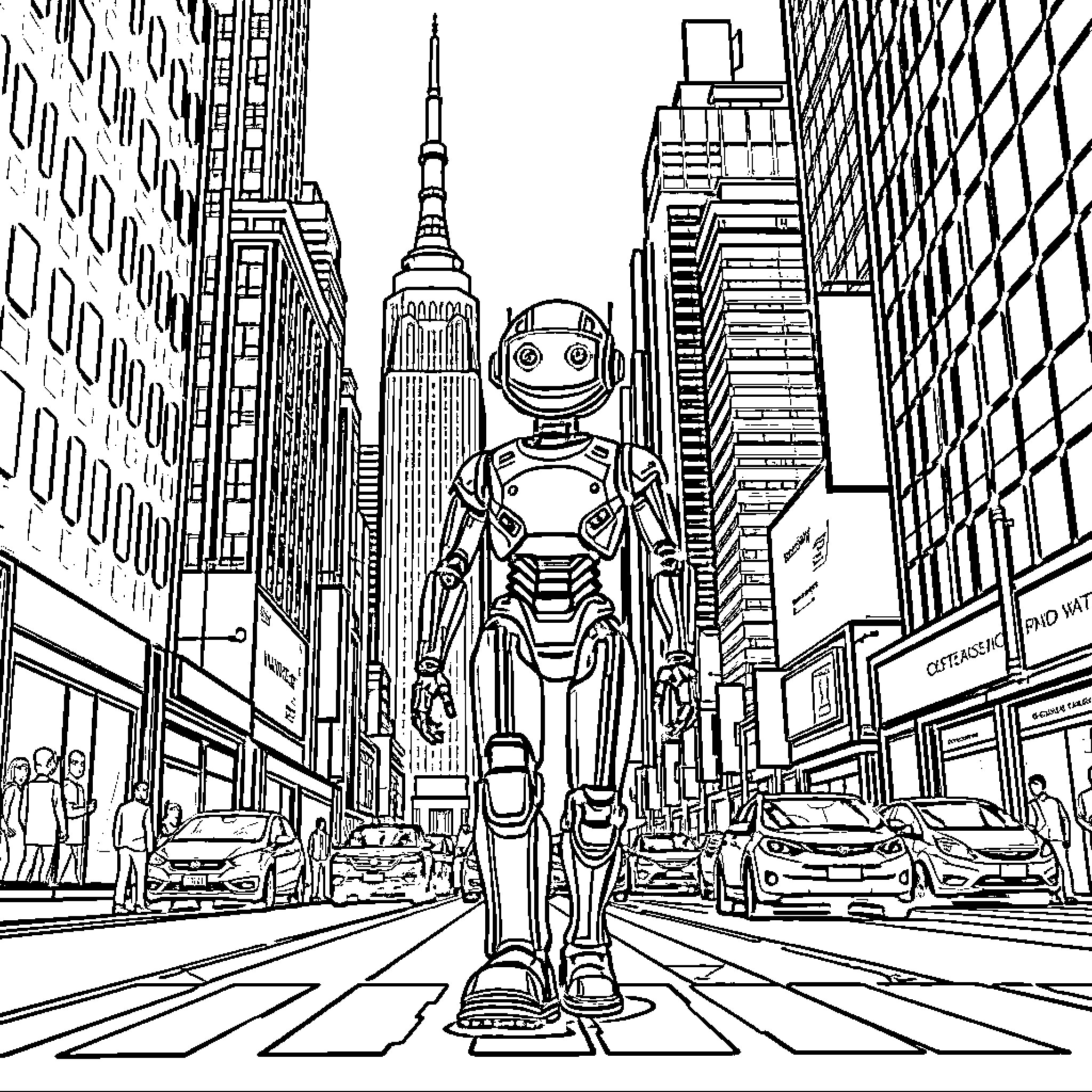 Robot exploring futuristic city landscape Coloring Page (free black-and-white line drawing printable PDF for all, from beginners to advanced learners, including children, teens, adults, and seniors)