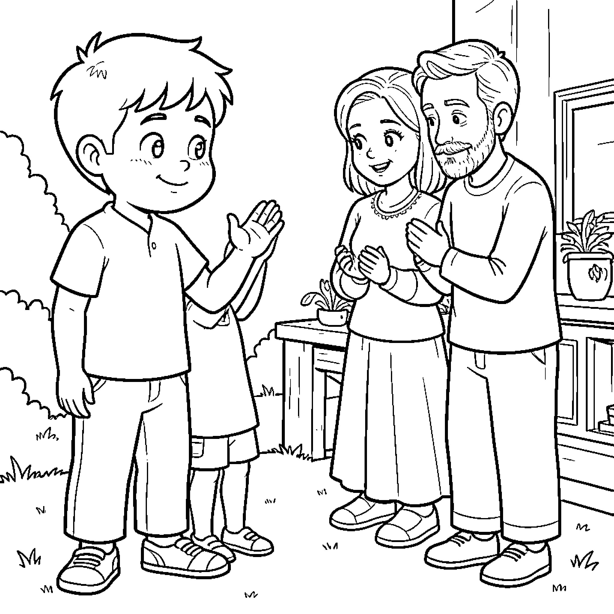 Child playing and interacting with family members Coloring Page (free black-and-white line drawing printable PDF for all, from beginners to advanced learners, including children, teens, adults, and seniors)