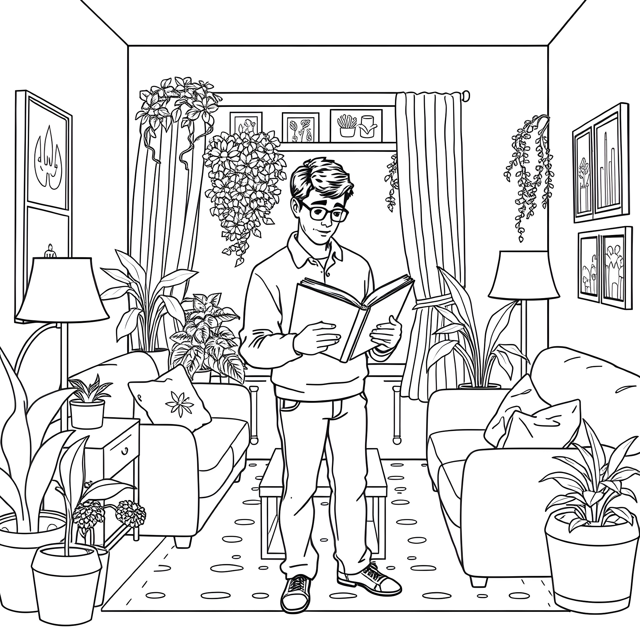 Arthur enjoying a book in his cozy living room Coloring Page (free black-and-white line drawing printable PDF for all, from beginners to advanced learners, including children, teens, adults, and seniors)