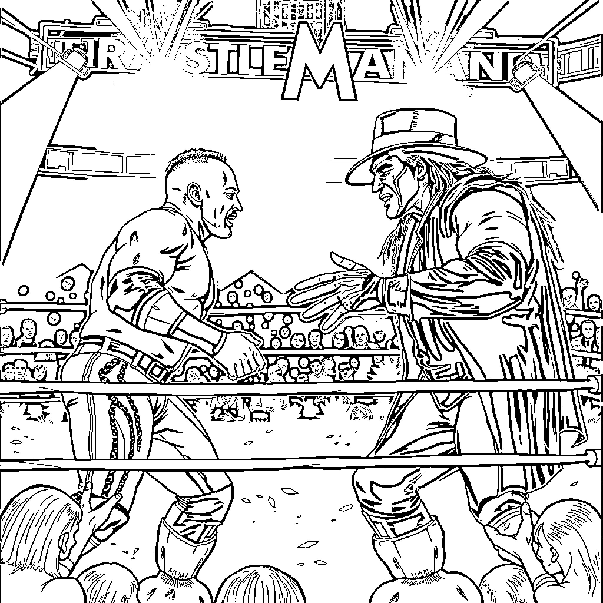Wrestler's intense match in the wrestling arena Coloring Page (free black-and-white line drawing printable PDF for all, from beginners to advanced learners, including children, teens, adults, and seniors)