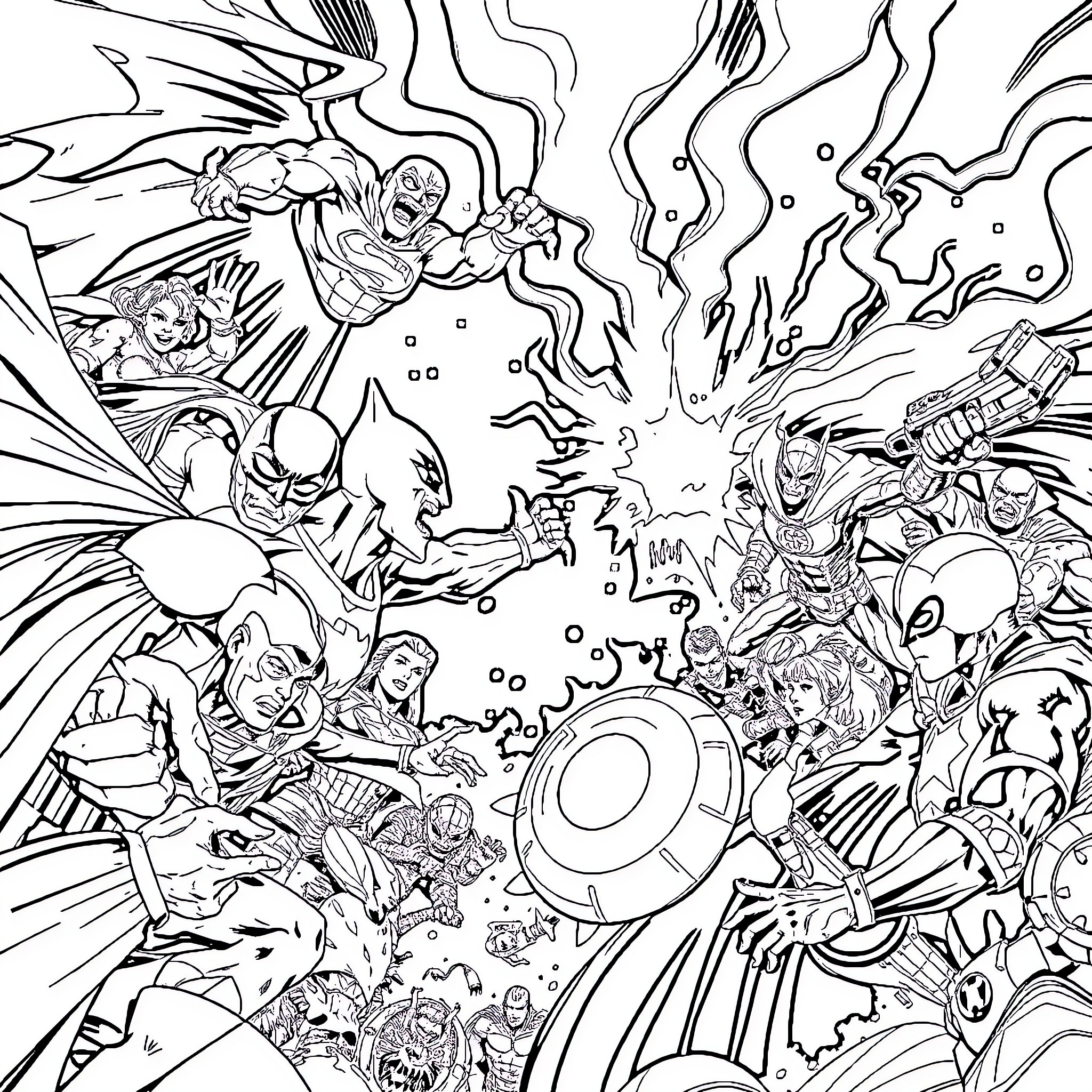 Comic Superheroes in Epic Battle Scene Coloring Page (free black-and-white line drawing printable PDF for all, from beginners to advanced learners, including children, teens, adults, and seniors)