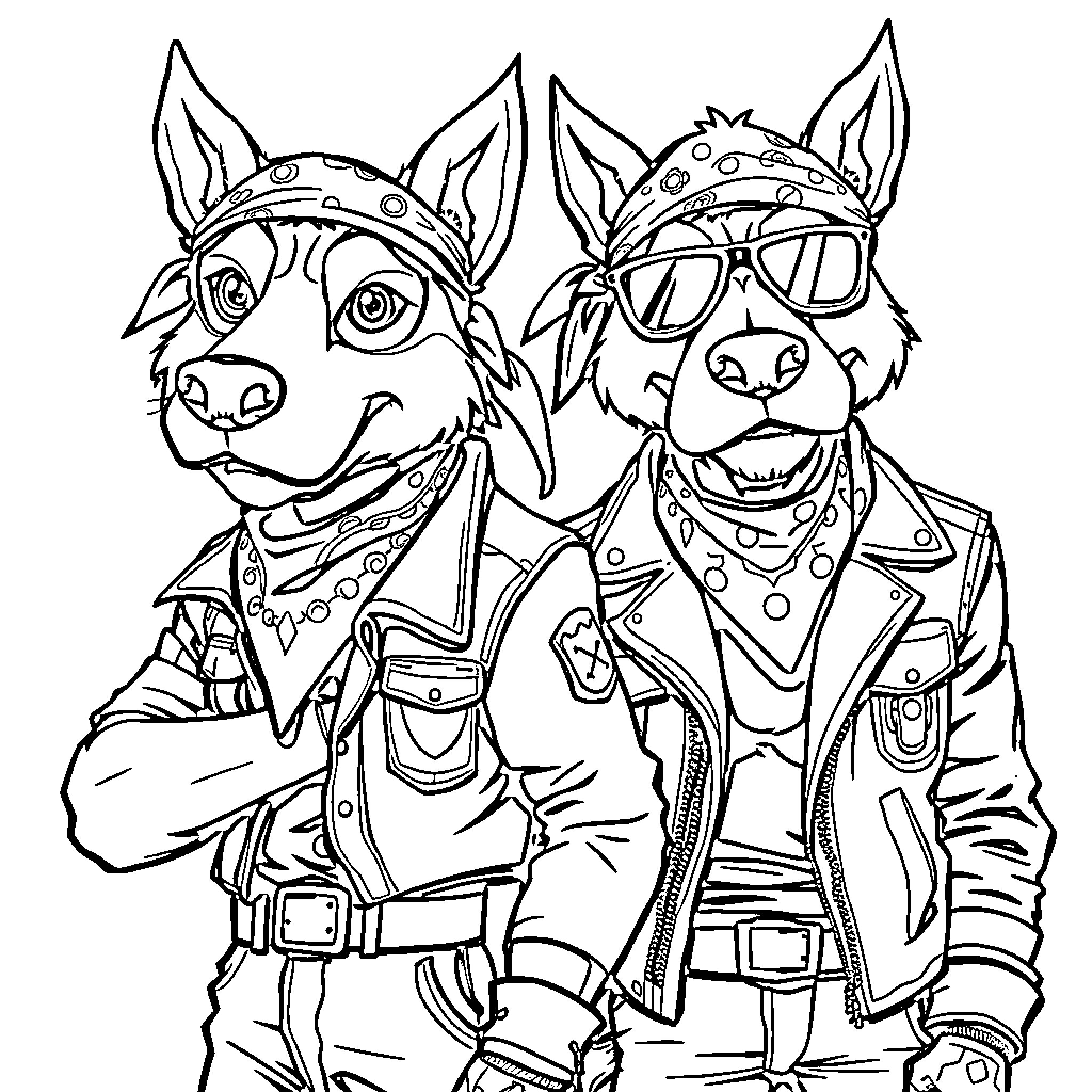 Bluey Characters in Stylized Outfits Coloring Page (free black-and-white line drawing printable PDF for all, from beginners to advanced learners, including children, teens, adults, and seniors)